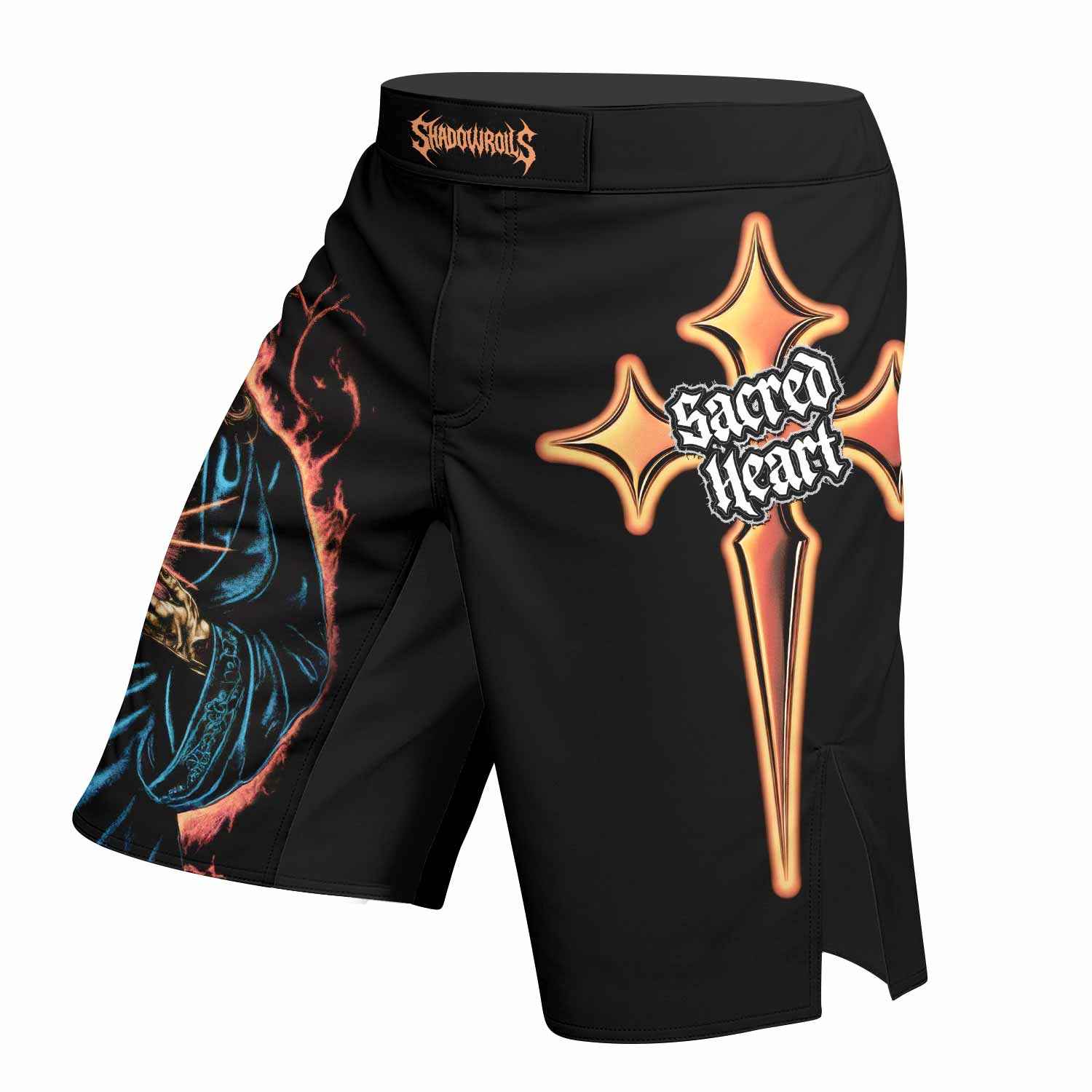 Sacred Heart Fight Shorts - Durable MMA, BJJ & Boxing Shorts - left side mockup