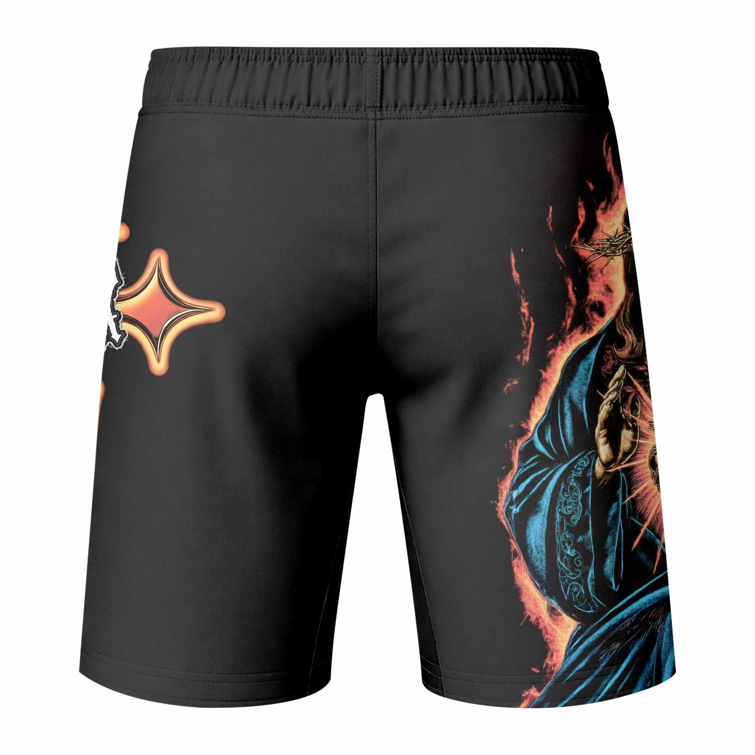 Sacred Heart Fight Shorts - Durable MMA, BJJ & Boxing Shorts - back view mockup