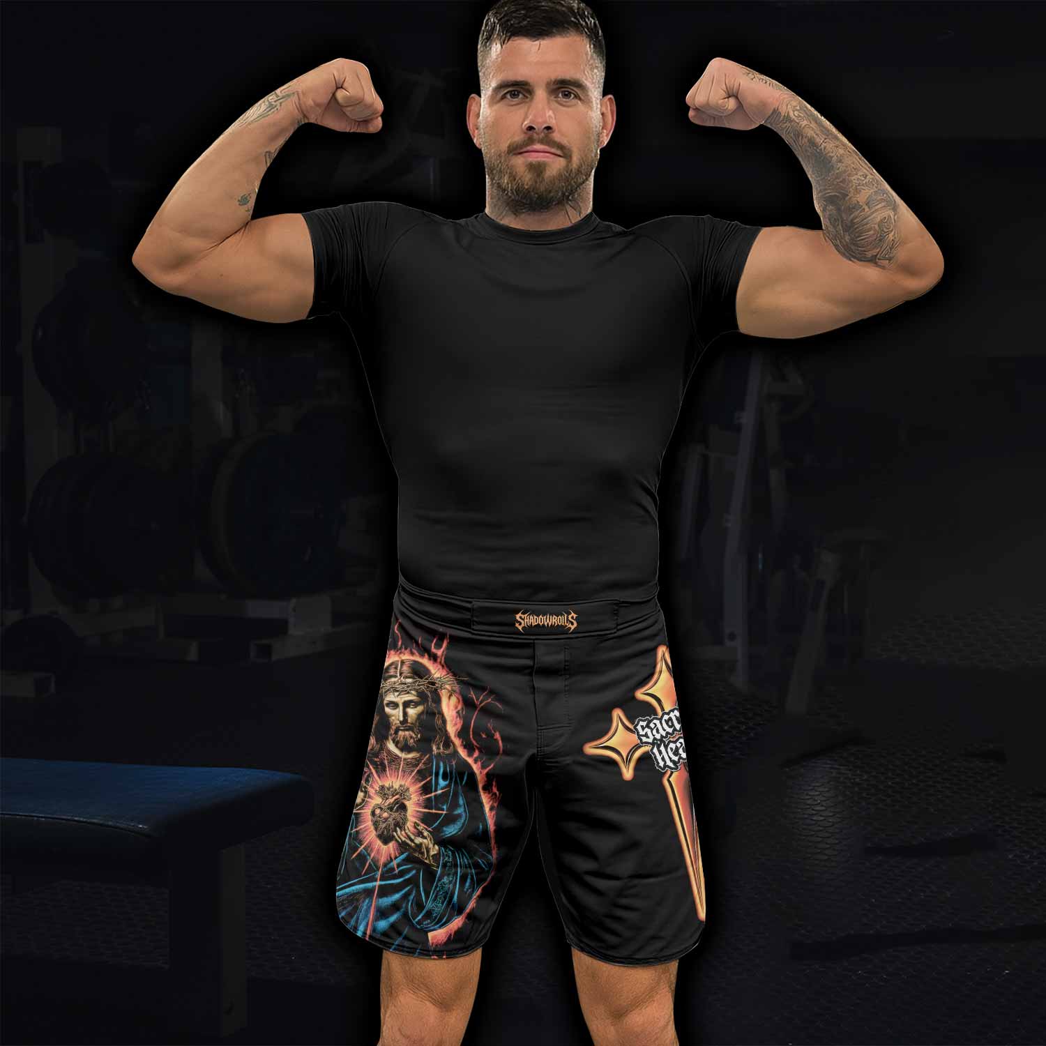 Sacred Heart Fight Shorts - Durable MMA, BJJ & Boxing Shorts - lifestyle view