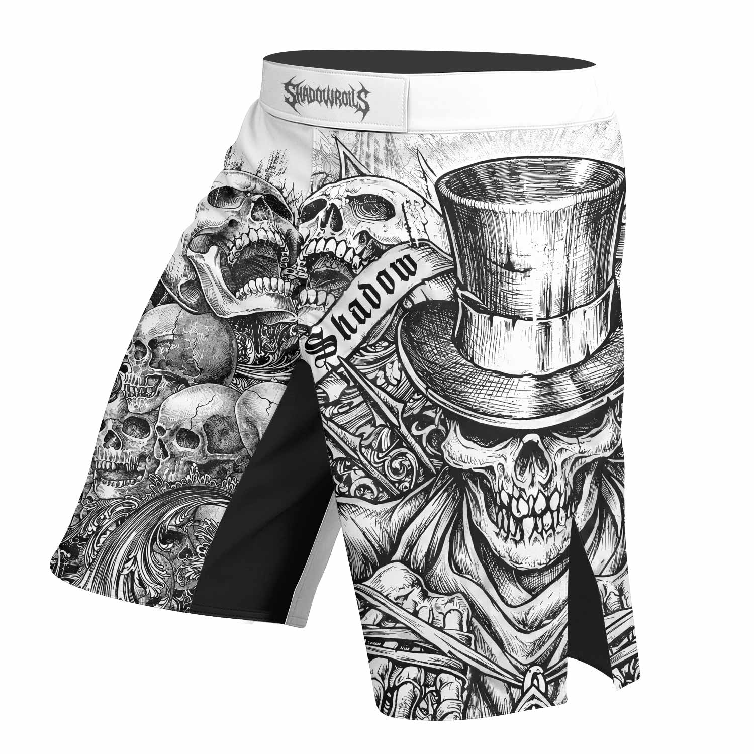Memento Mori Skull Fight Shorts – Durable MMA, BJJ & Boxing Shorts - left side mockup