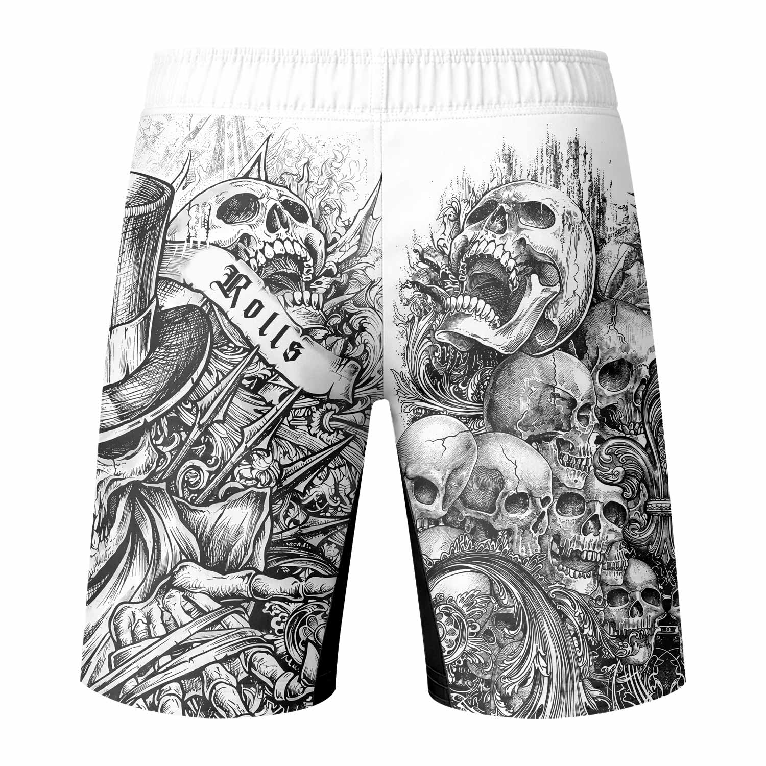Memento Mori Skull Fight Shorts – Durable MMA, BJJ & Boxing Shorts - back view mockup