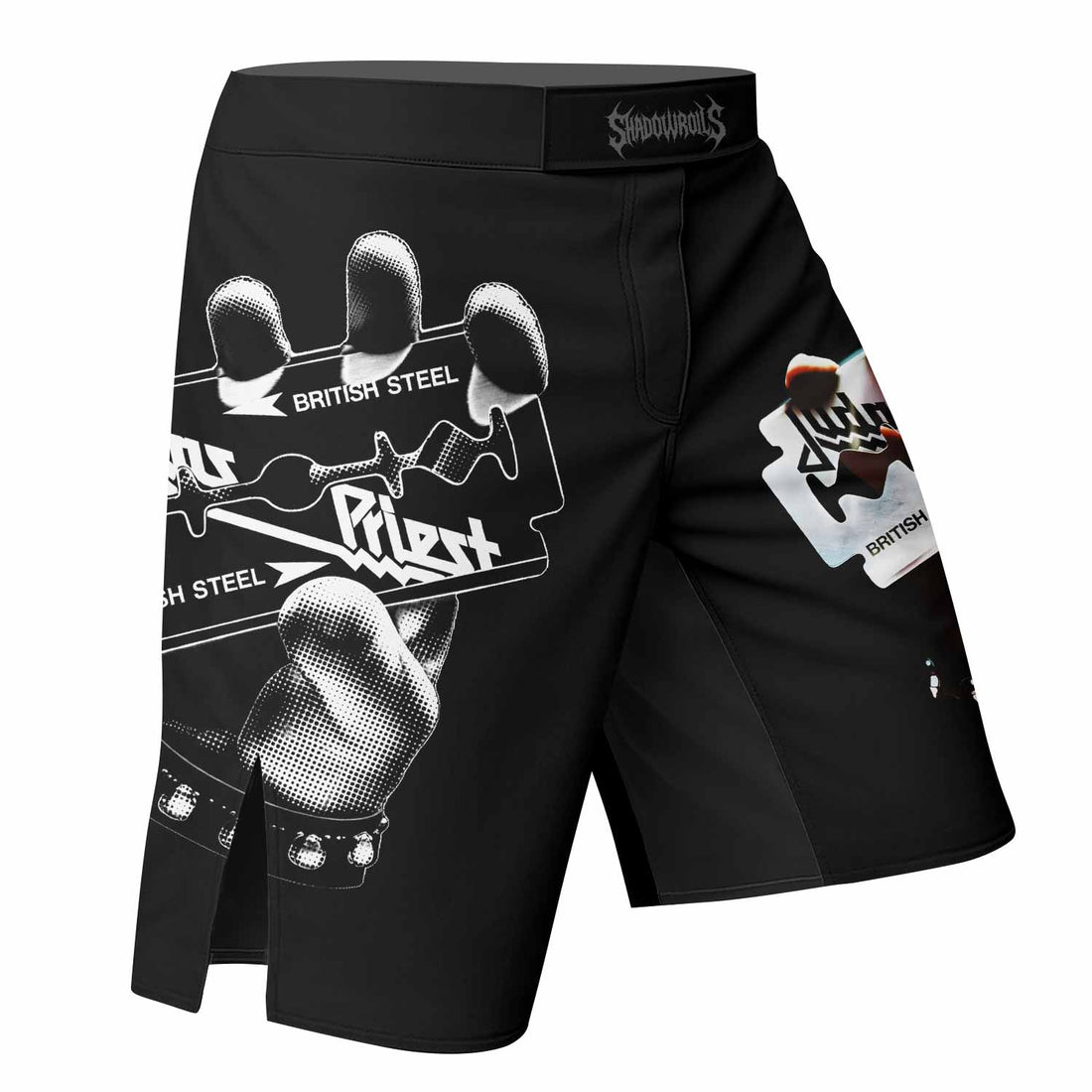 Judas Priest British Steel Fight Shorts – Durable MMA Fight Shorts - right side mockup