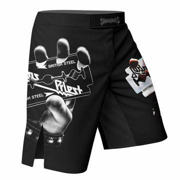 Judas Priest British Steel Fight Shorts – Durable MMA Fight Shorts - right side mockup