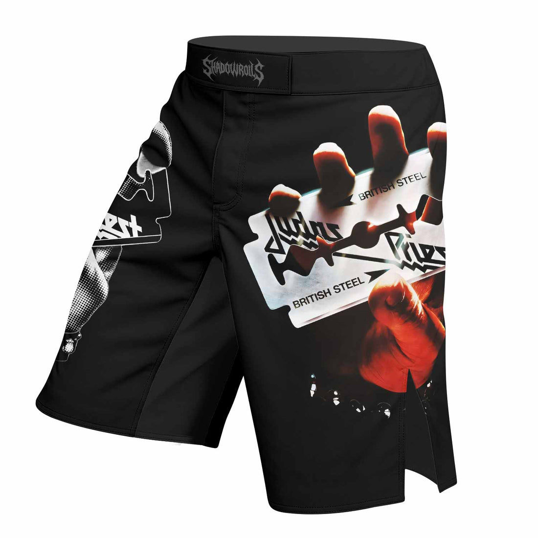 Judas Priest British Steel Fight Shorts – Durable MMA Fight Shorts - right side mockup