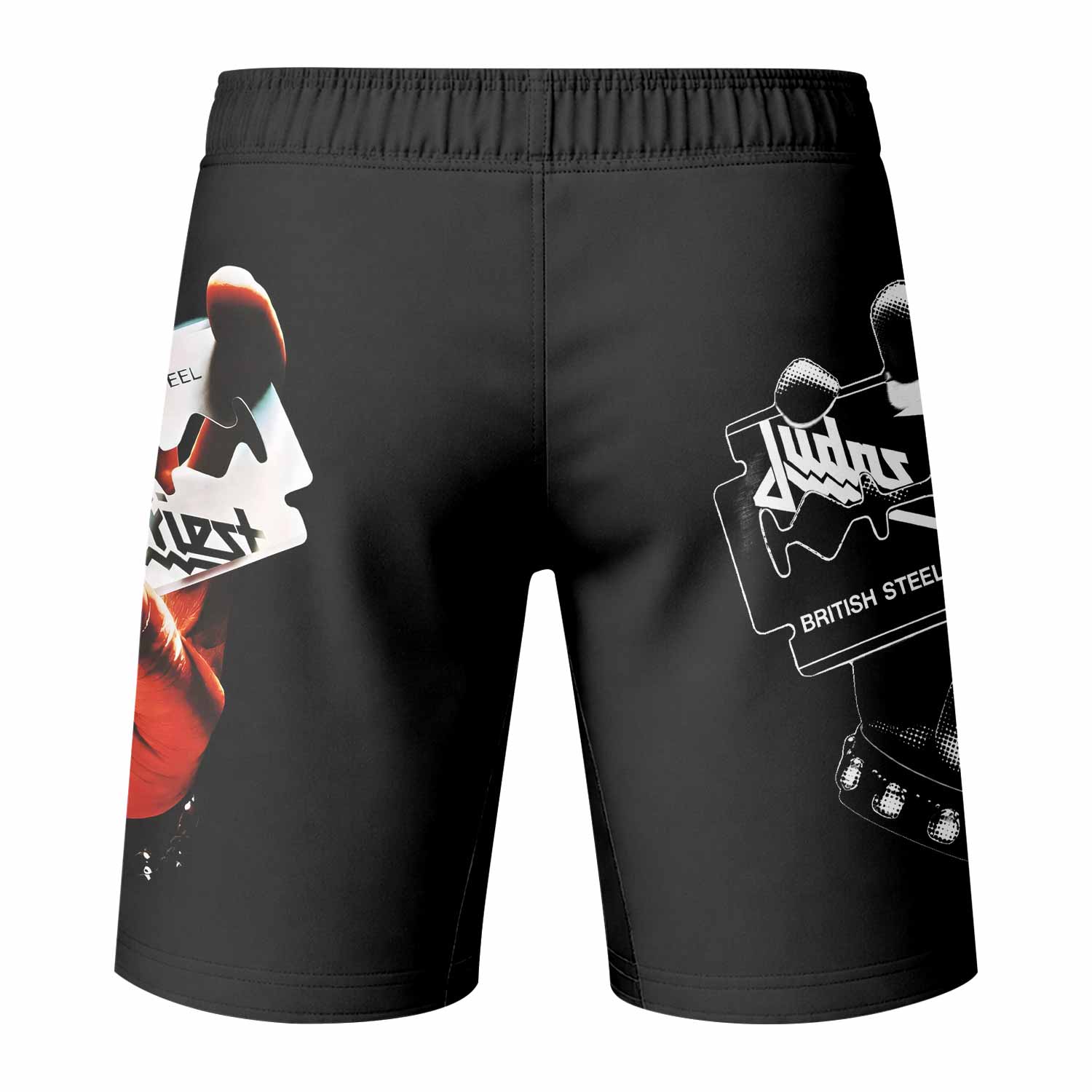 Judas Priest British Steel Fight Shorts – Durable MMA Fight Shorts - back view mockup