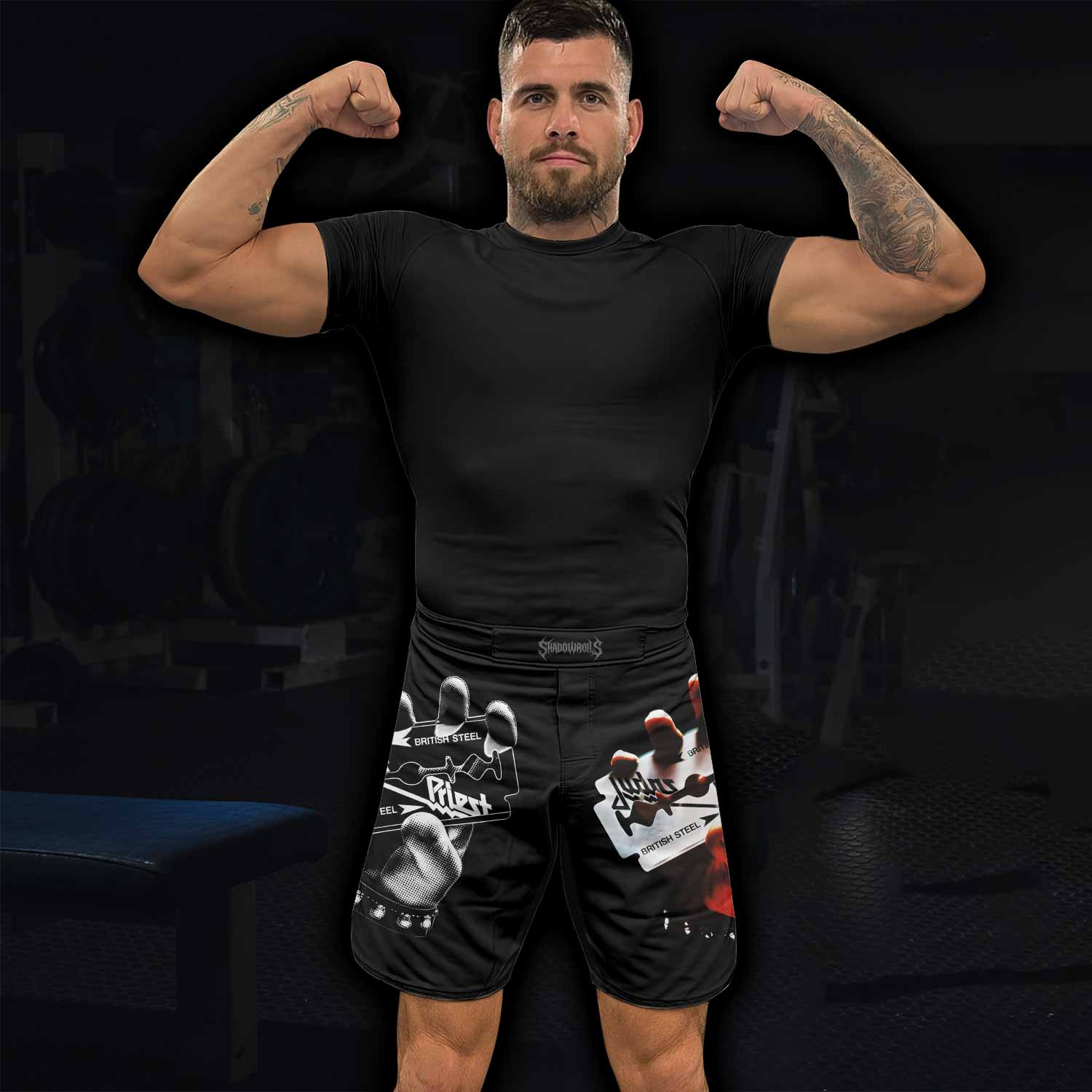 Judas Priest British Steel Fight Shorts – Durable MMA Fight Shorts - lifestyle view