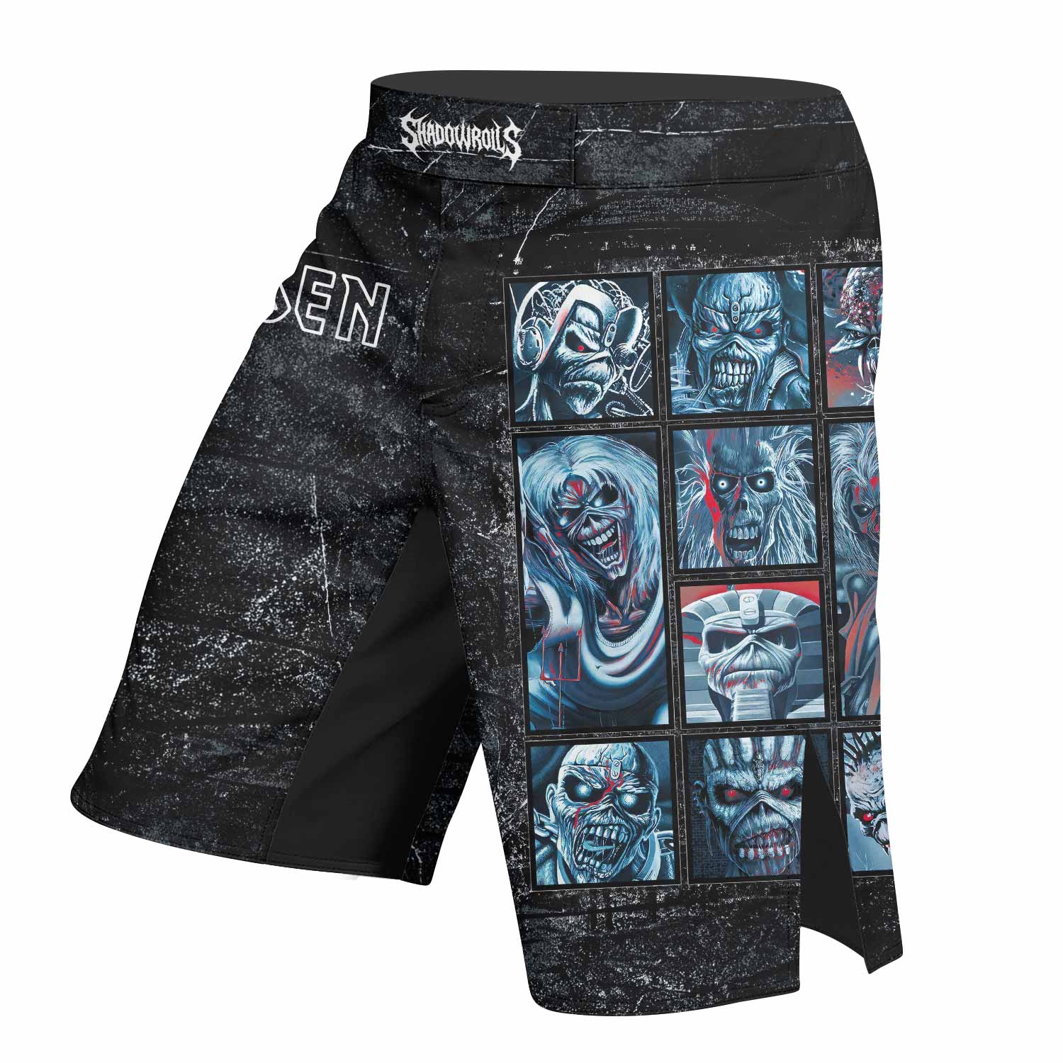 Iron Maiden The Ten Eddies Fight Shorts – MMA, BJJ, Boxing Gear - left side mockup