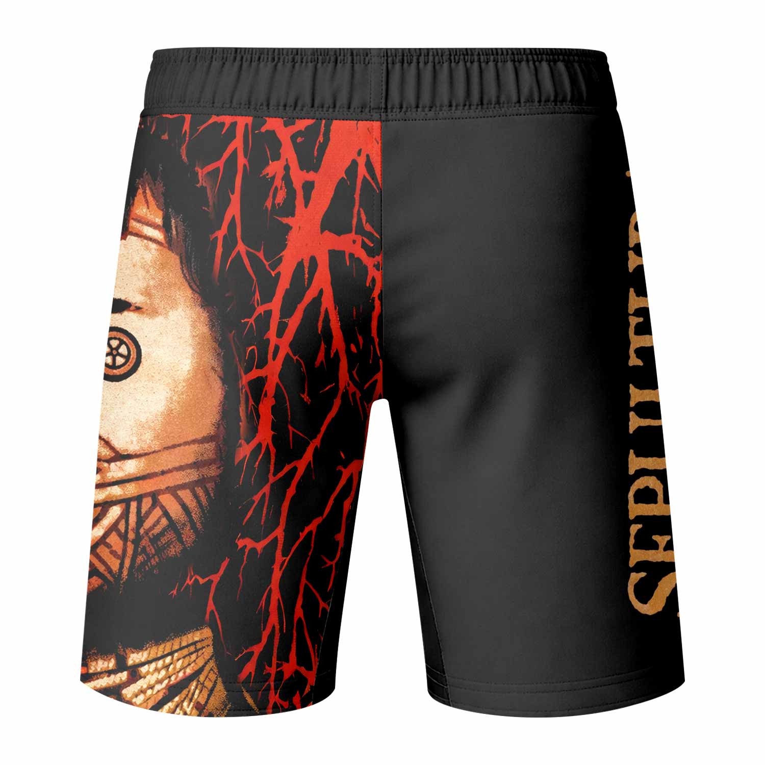 Sepultura Roots Fight Shorts – Durable MMA, BJJ & Boxing Shorts - back view mockup