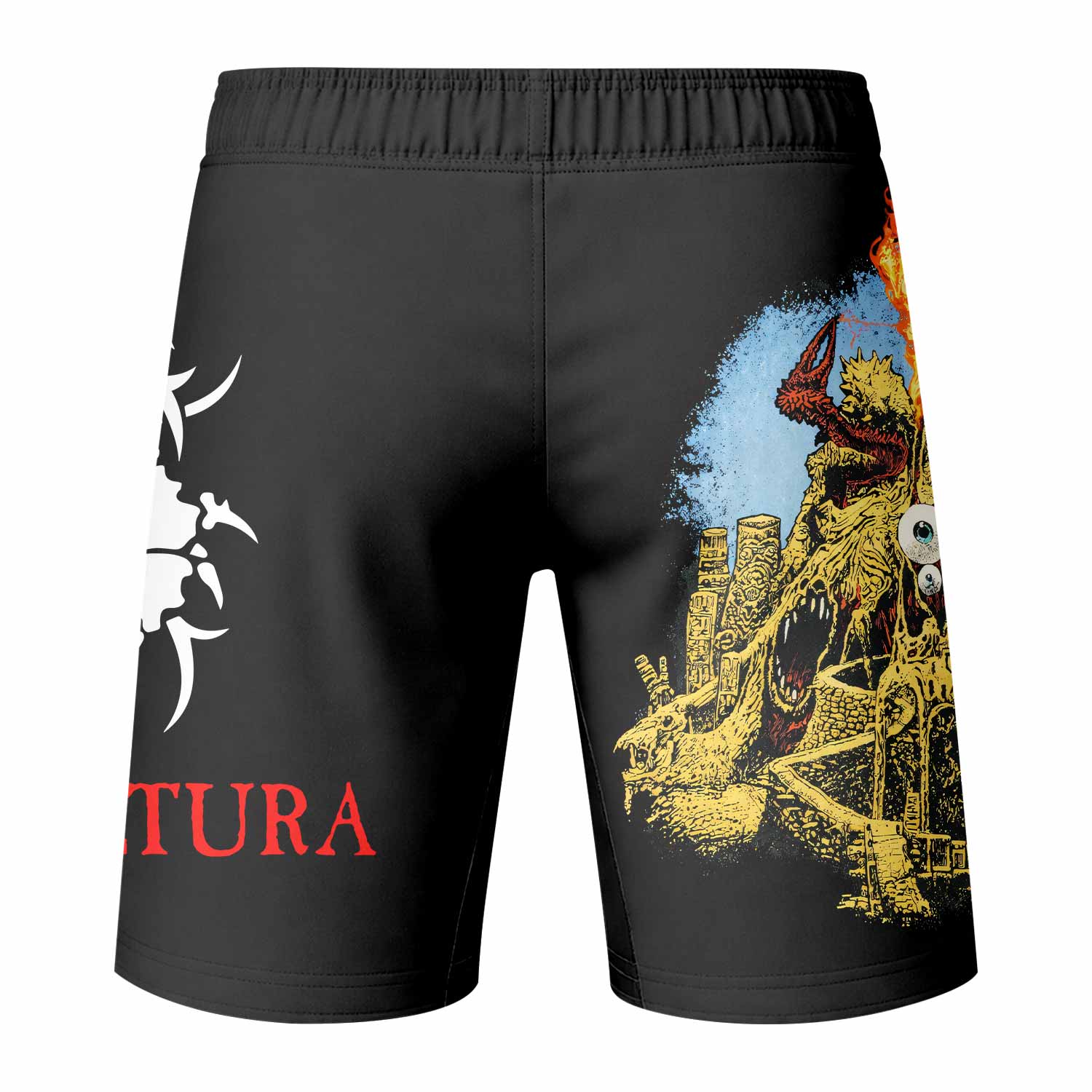 Sepultura Arise Fight Shorts – Durable MMA, BJJ, and Boxing Shorts - back view mockup