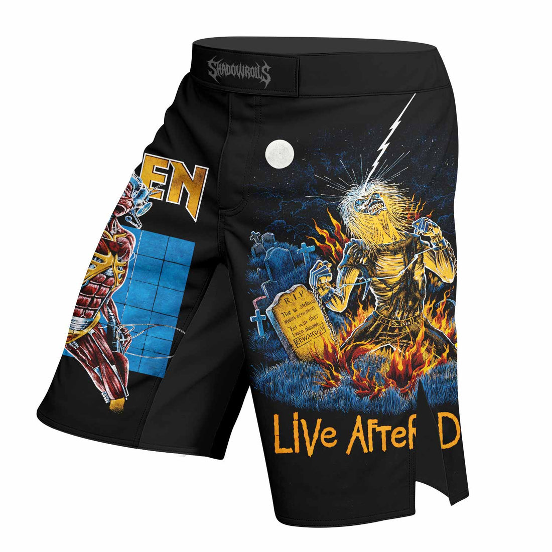Iron Maiden Live After Death Fight Shorts – MMA, BJJ, Boxing Gear - right side mockup