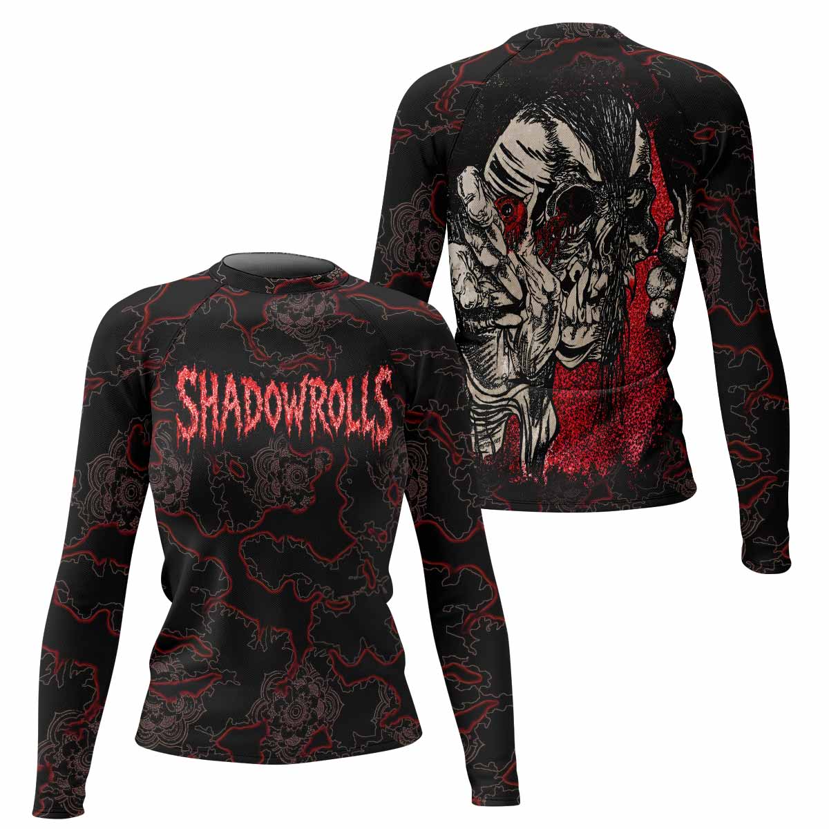 Crimson Hollow Skull Women's Rash Guard Long Sleeve - front and back view