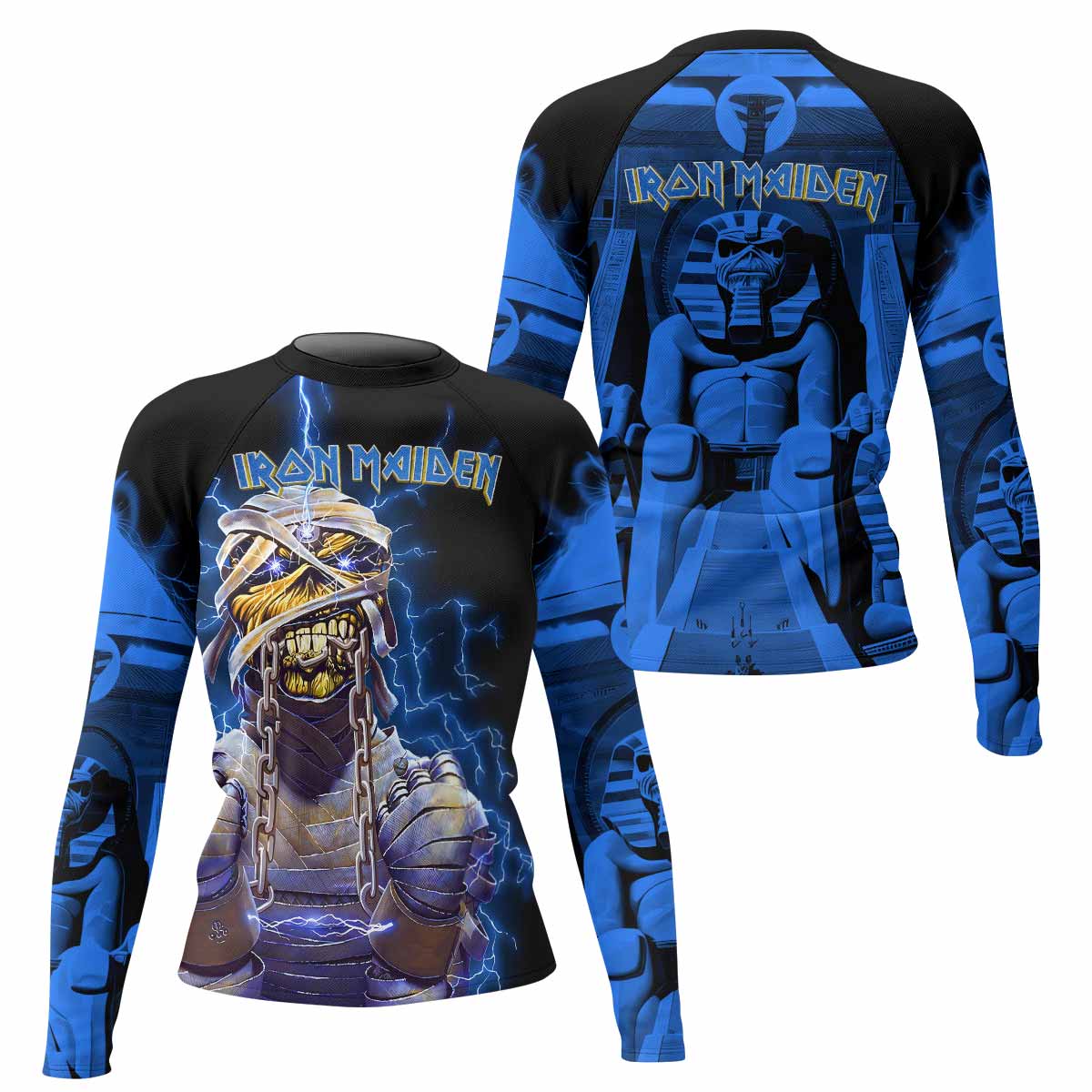 Iron Maiden Powerslave Mummy Eddie Women's Rash Guard Long Sleeve - front and back view
