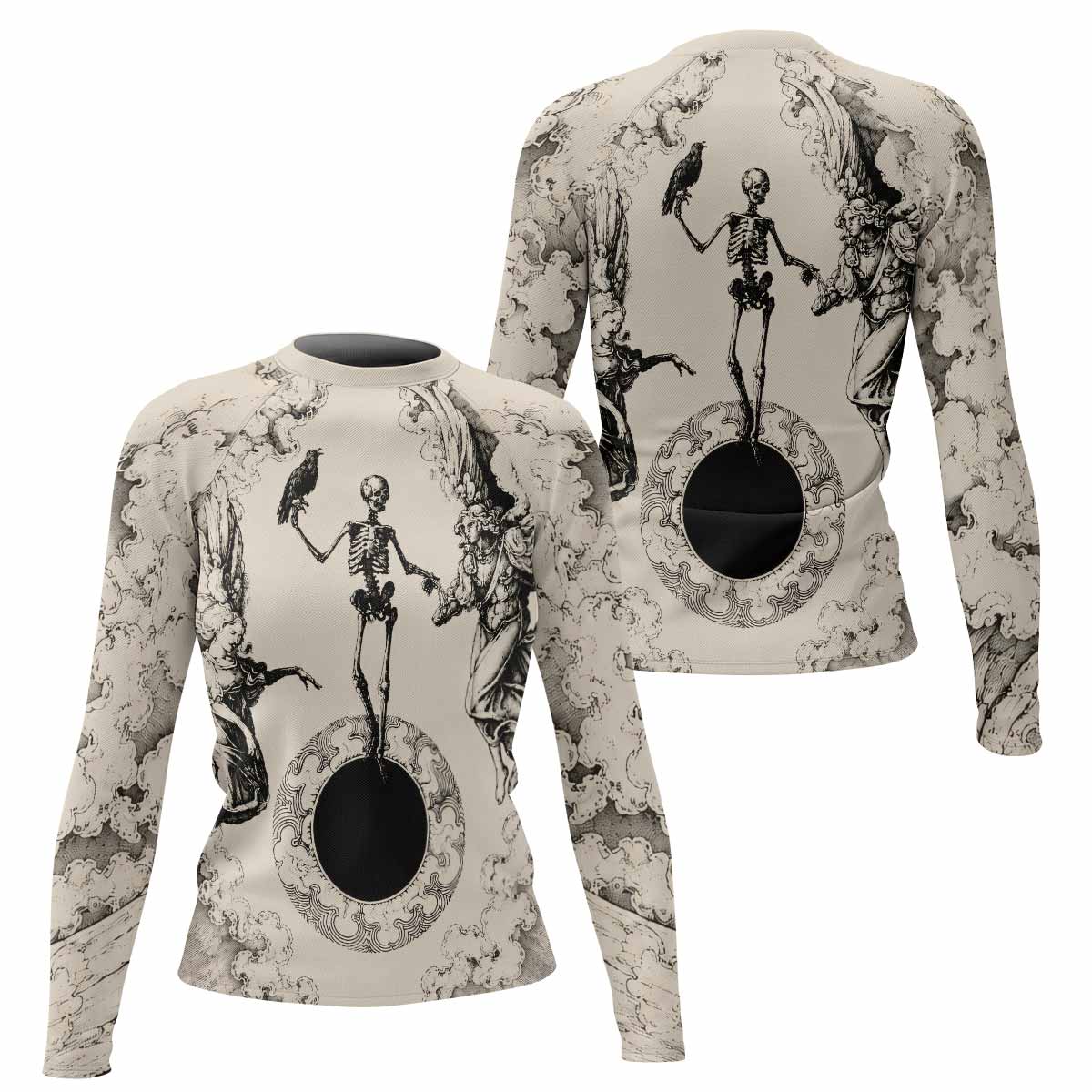 Celestial Memento Mori Women's Rash Guard Long Sleeve - front and back view