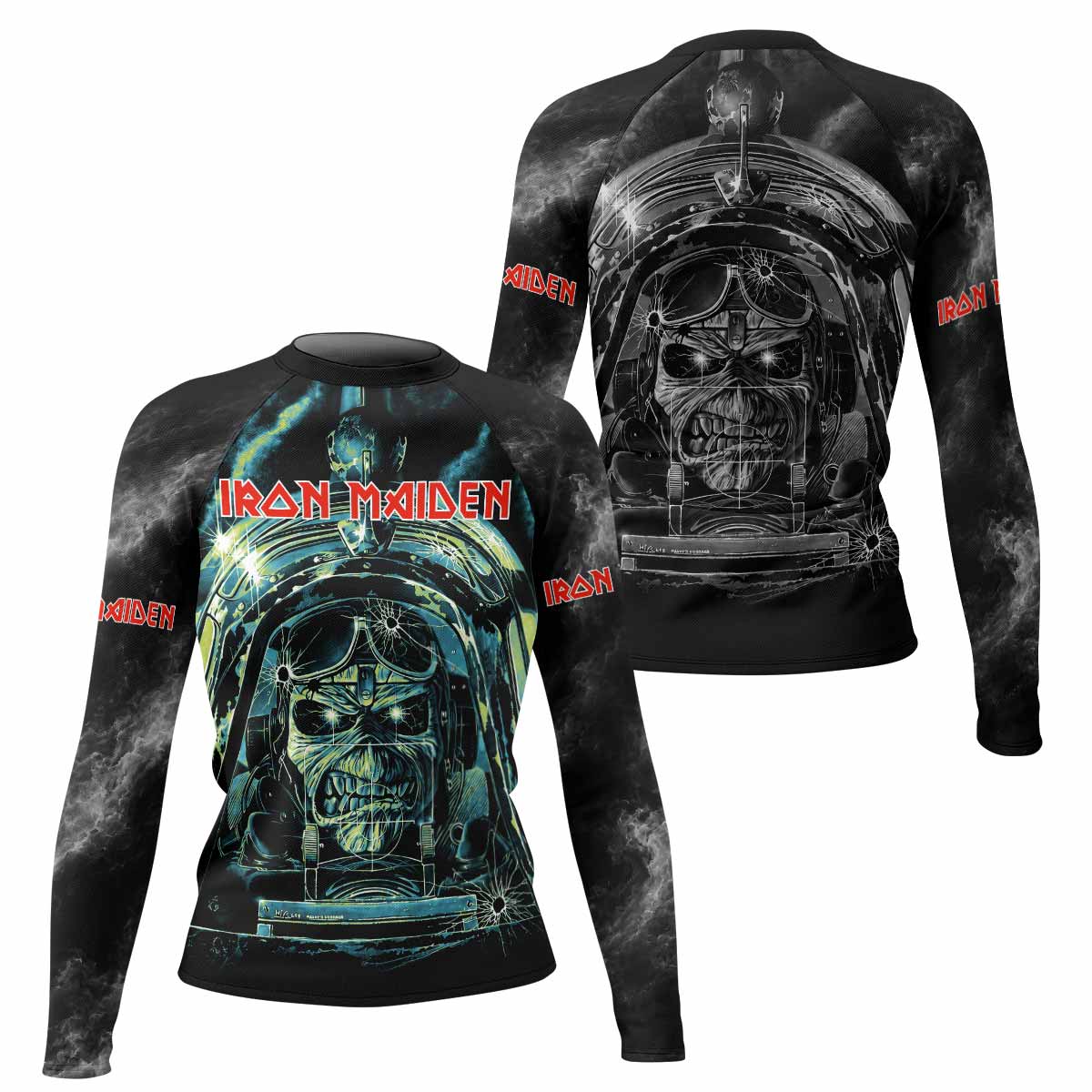 Iron Maiden Aces High Eddie Pilot Women's Rash Guard Long Sleeve - front and back view