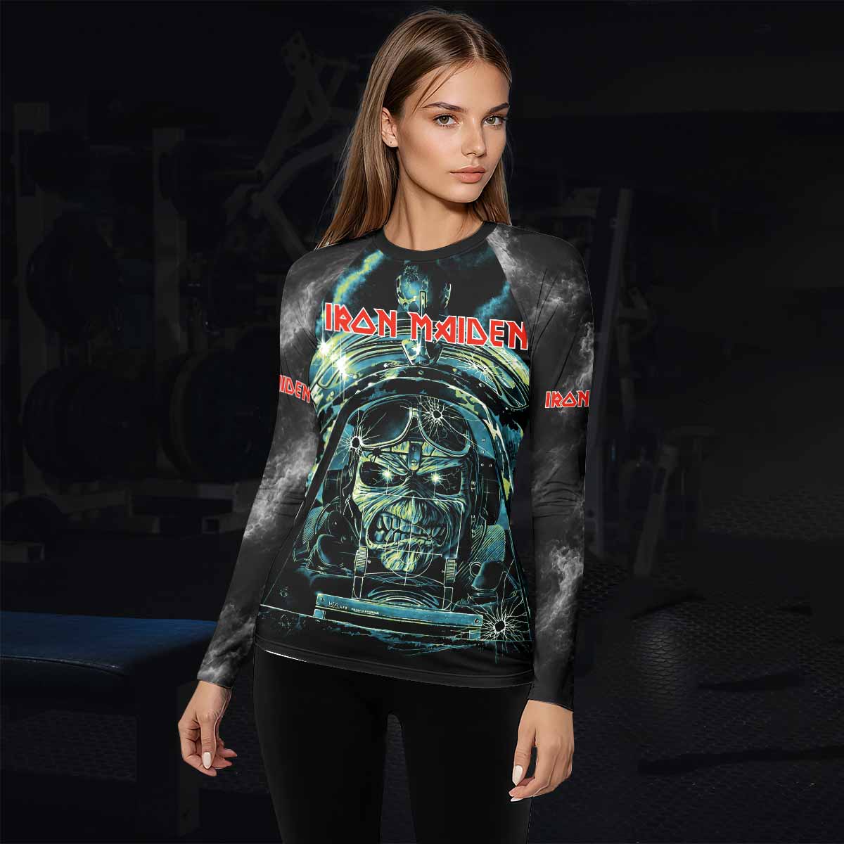 Iron Maiden Aces High Eddie Pilot Women's Rash Guard Long Sleeve - lifestyle view