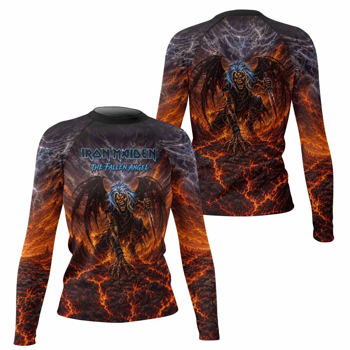 Iron Maiden The Fallen Angel Eddie Women's Rash Guard Long Sleeve - front and back view