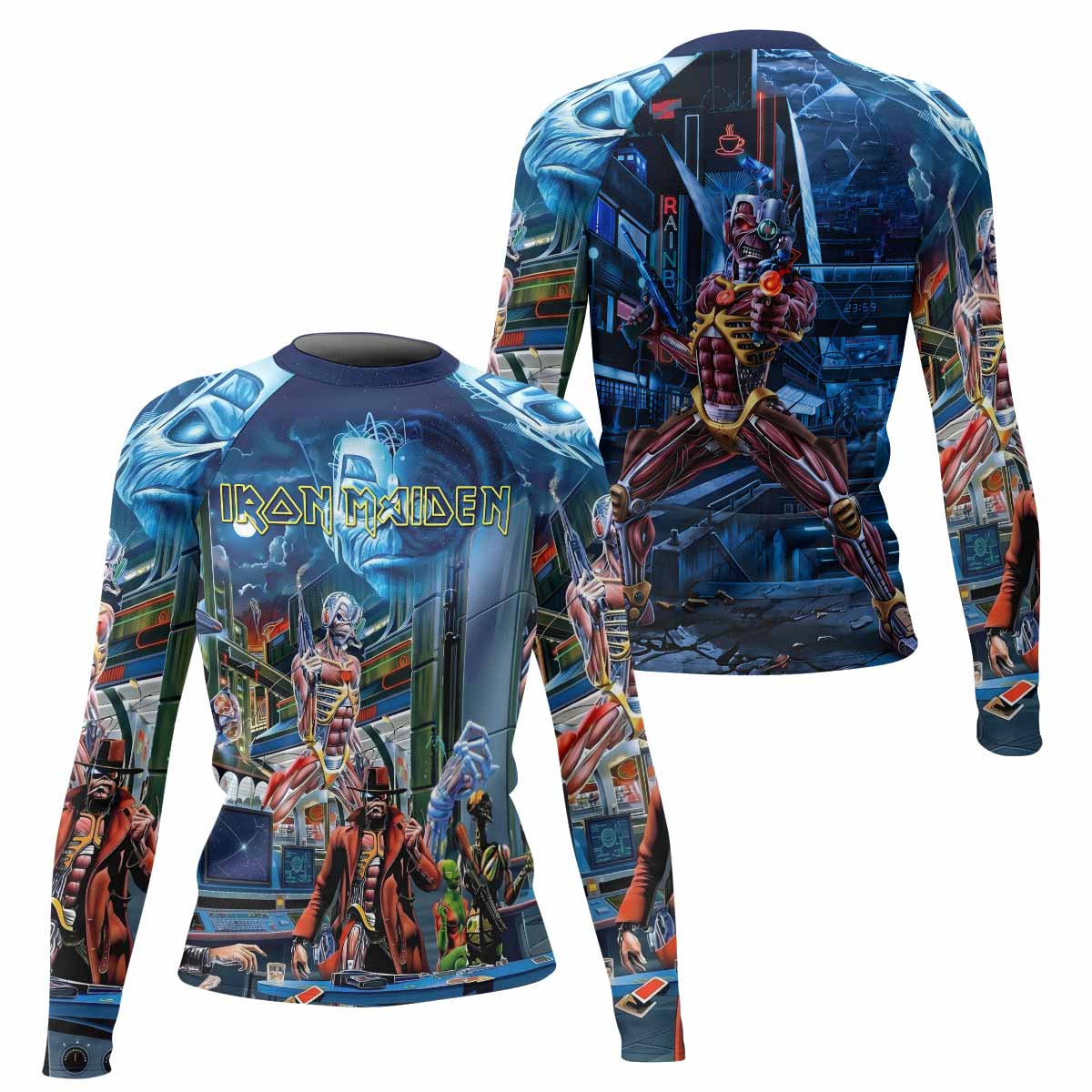 Iron Maiden Somewhere in Time Eddie Cyborg Women's Rash Guard Long Sleeve - front and back view