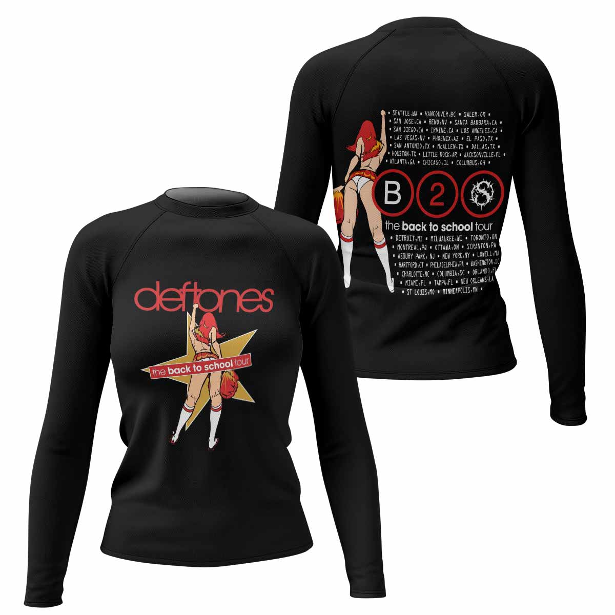 Deftones Back to School Tour Women's Rash Guard Long Sleeve - front and back view