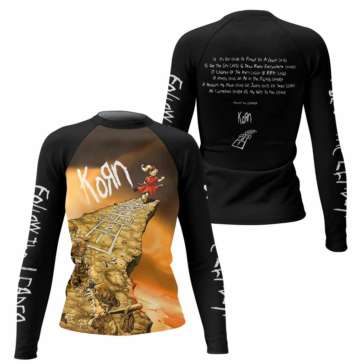 Korn Follow the Leader Hopscotch Women's Rash Guard Long Sleeve - front and back view