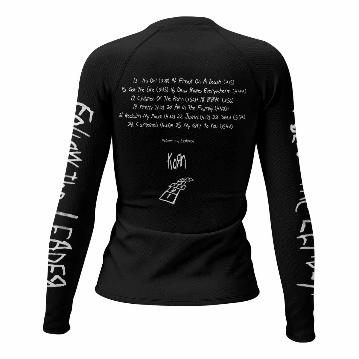 Korn Follow the Leader Hopscotch Women's Rash Guard Long Sleeve - back view mockup