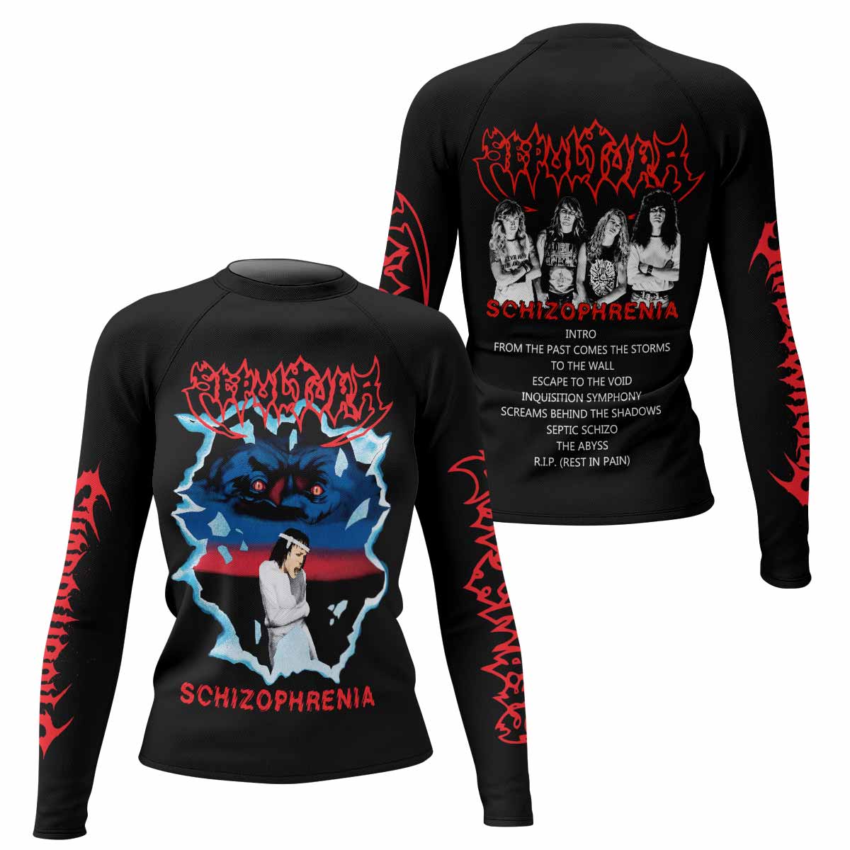 Sepultura Schizophrenia Women's Rash Guard Long Sleeve - front and back view