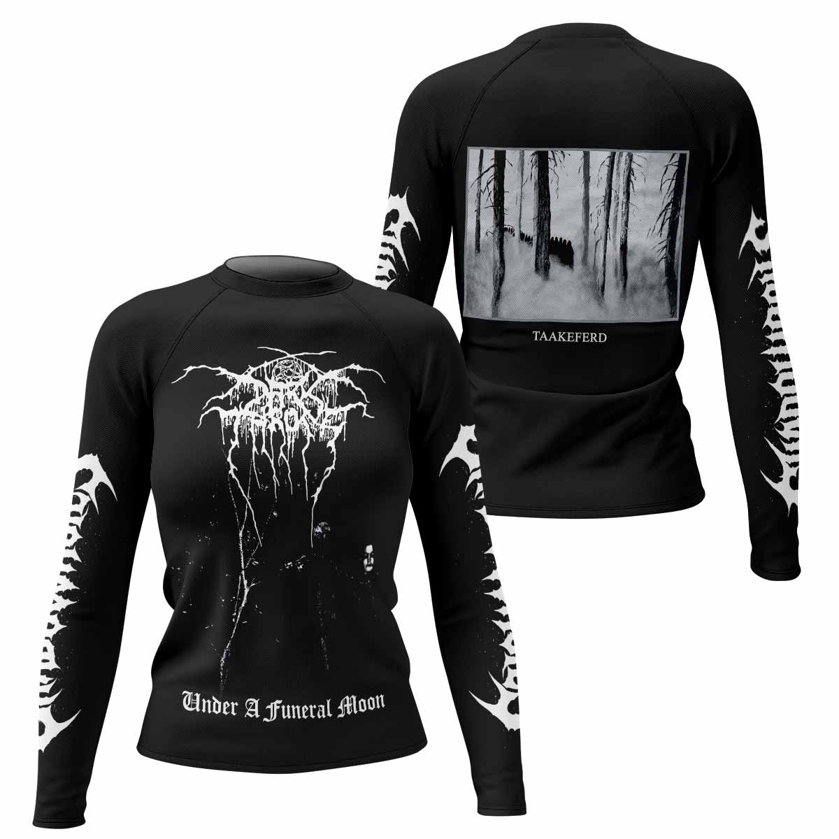 Darkthrone Under a Funeral Moon Women's Rash Guard Long Sleeve - front and back view