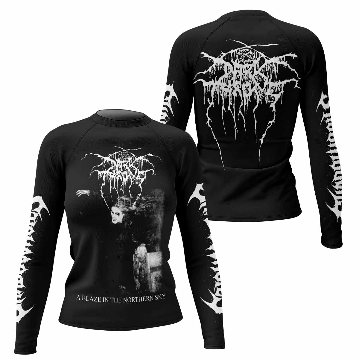 Darkthrone A Blaze in the Northern Sky Women's Rash Guard Long Sleeve - front and back view