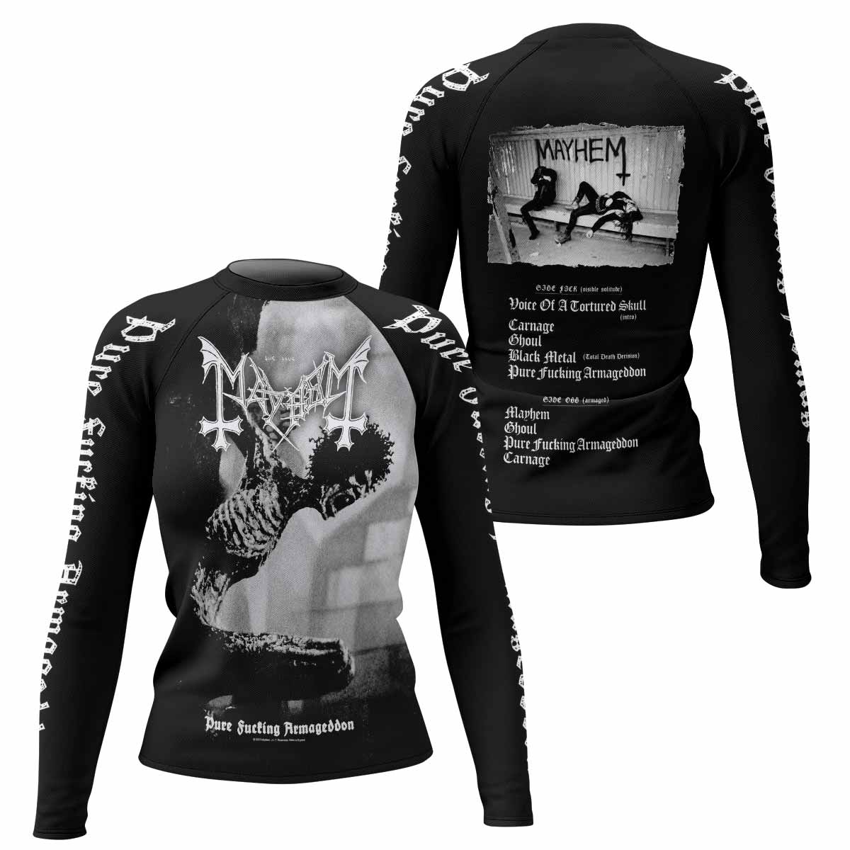 Mayhem Pure Fucking Armageddon Women's Rash Guard Long Sleeve - front and back view