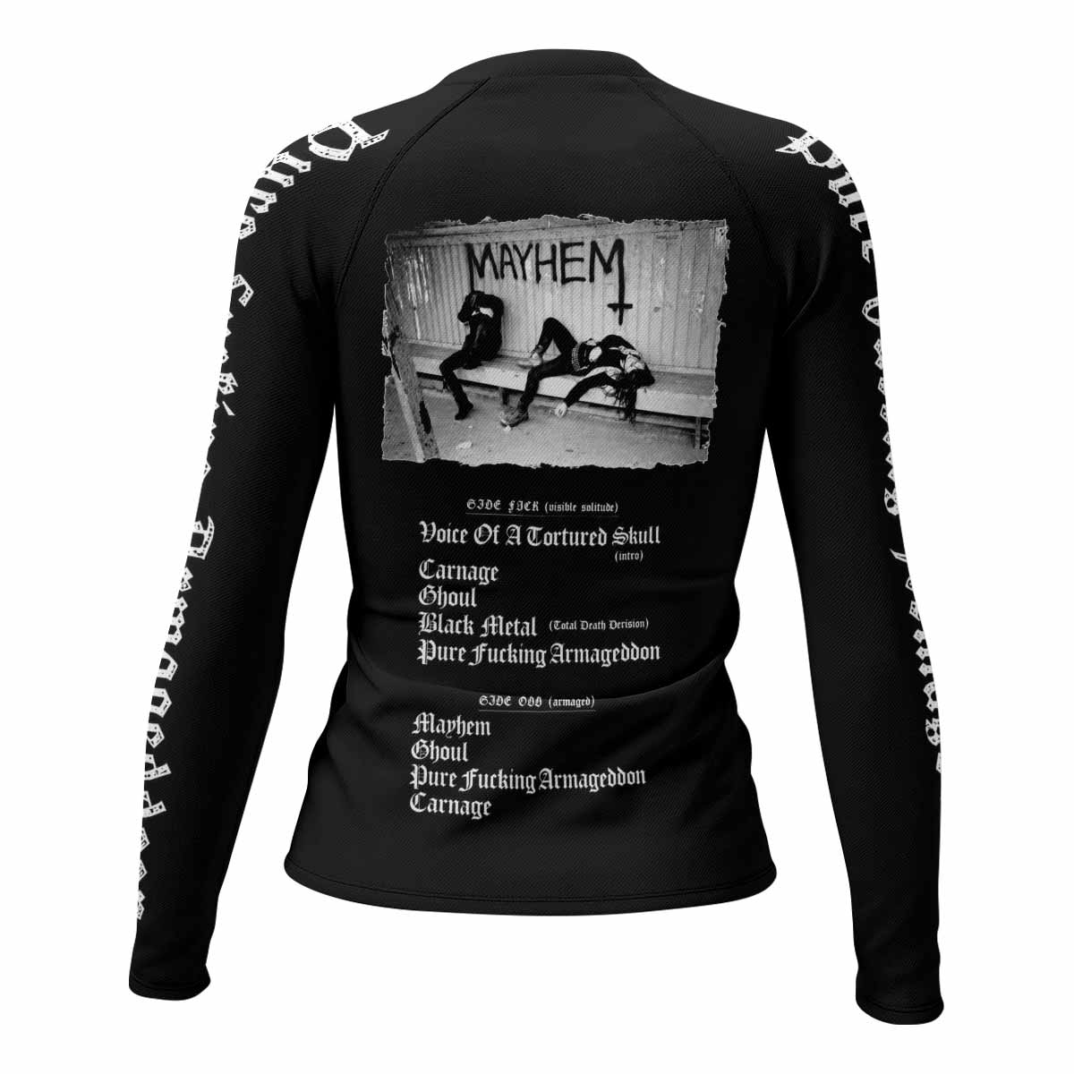 Mayhem Pure Fucking Armageddon Women's Rash Guard Long Sleeve - back view mockup