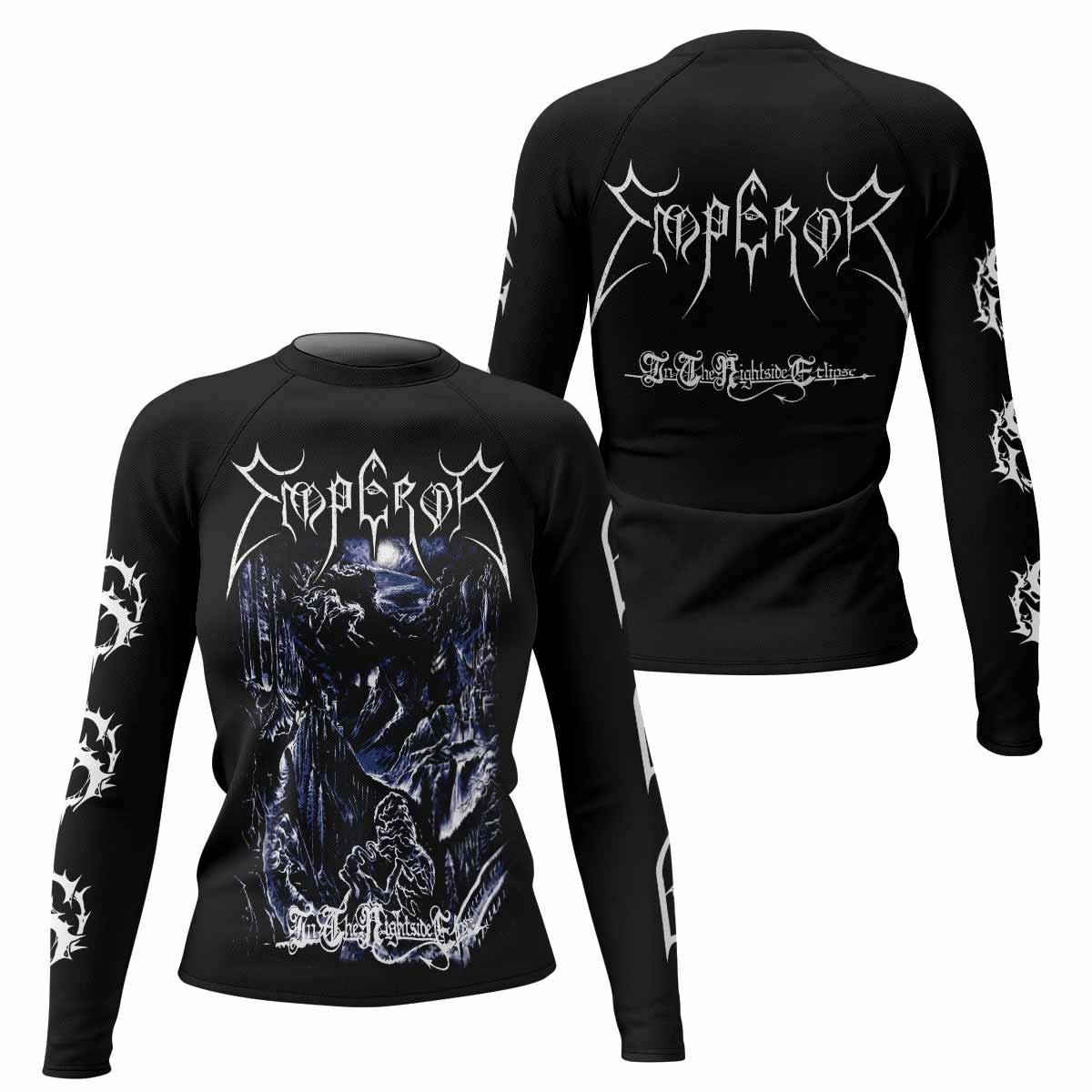 Emperor In the Nightside Eclipse Women's Rash Guard Long Sleeve - front and back view
