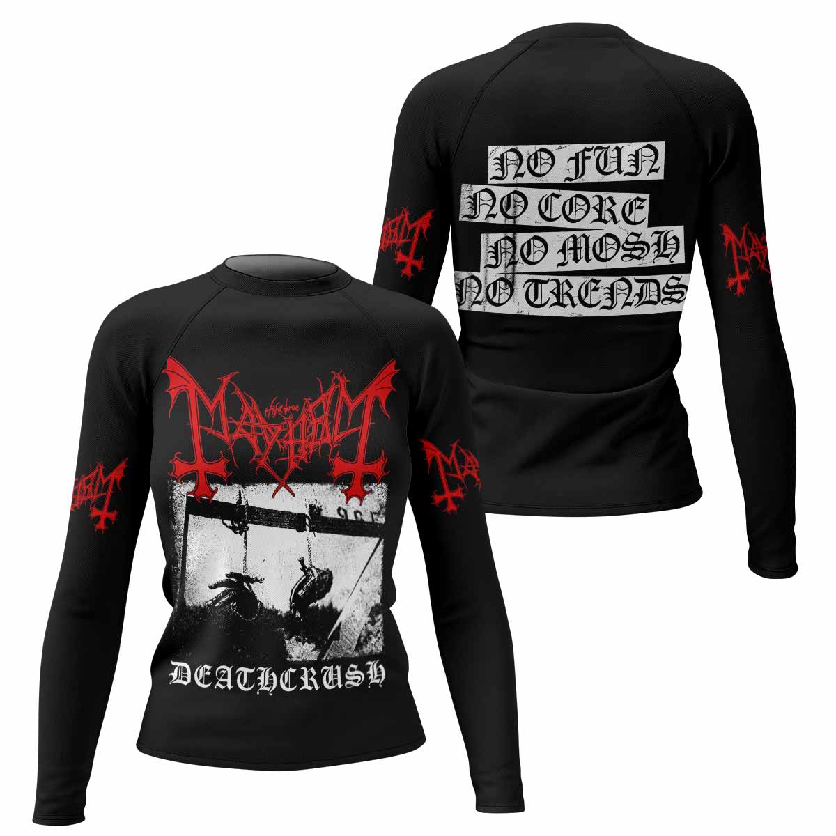 Mayhem Deathcrush No Fun No Core No Mosh No Trends Women's Rash Guard Long Sleeve - front and back view