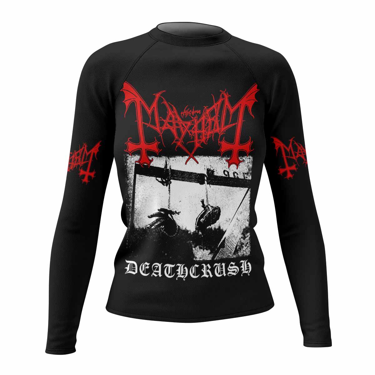 Mayhem Deathcrush No Fun No Core No Mosh No Trends Women's Rash Guard Long Sleeve - front view mockup