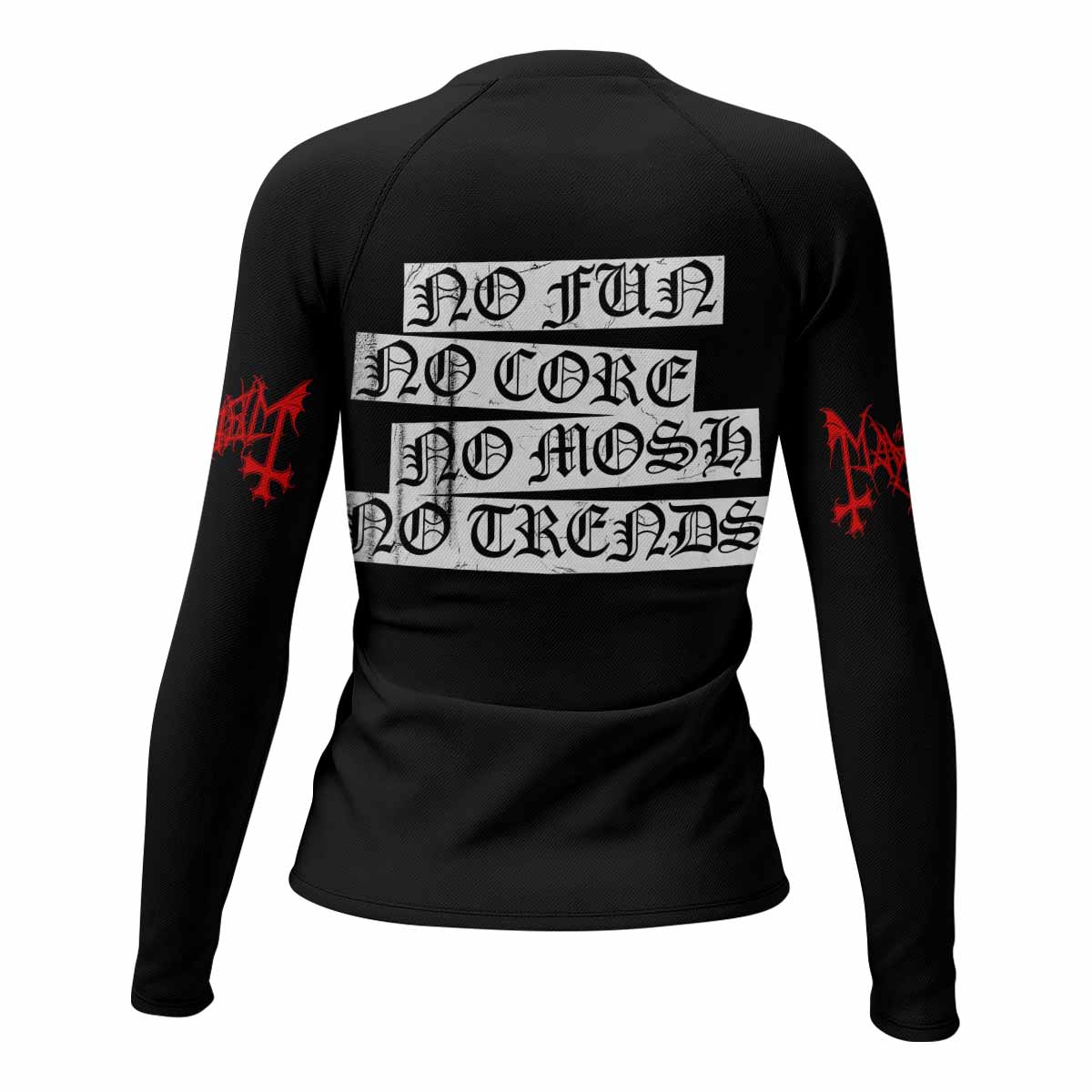 Mayhem Deathcrush No Fun No Core No Mosh No Trends Women's Rash Guard Long Sleeve - back view mockup