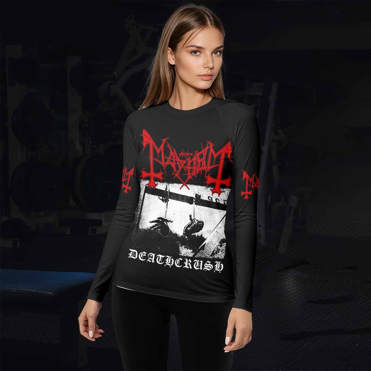 Mayhem Deathcrush No Fun No Core No Mosh No Trends Women's Rash Guard Long Sleeve - lifestyle view