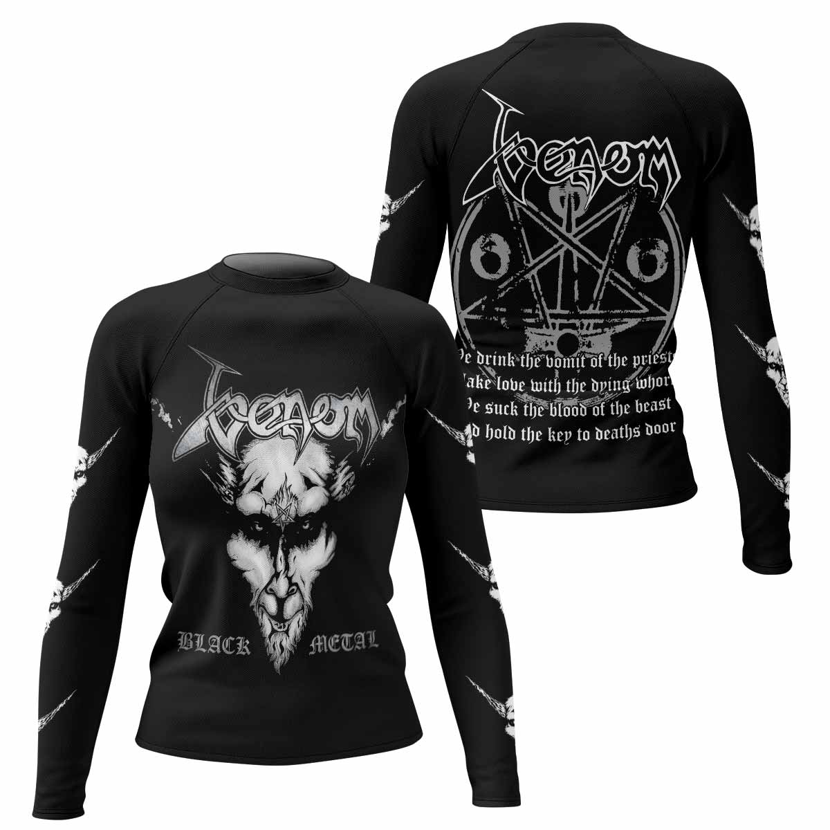Venom Black Metal Goat Sigil Women's Rash Guard Long Sleeve - front and back view