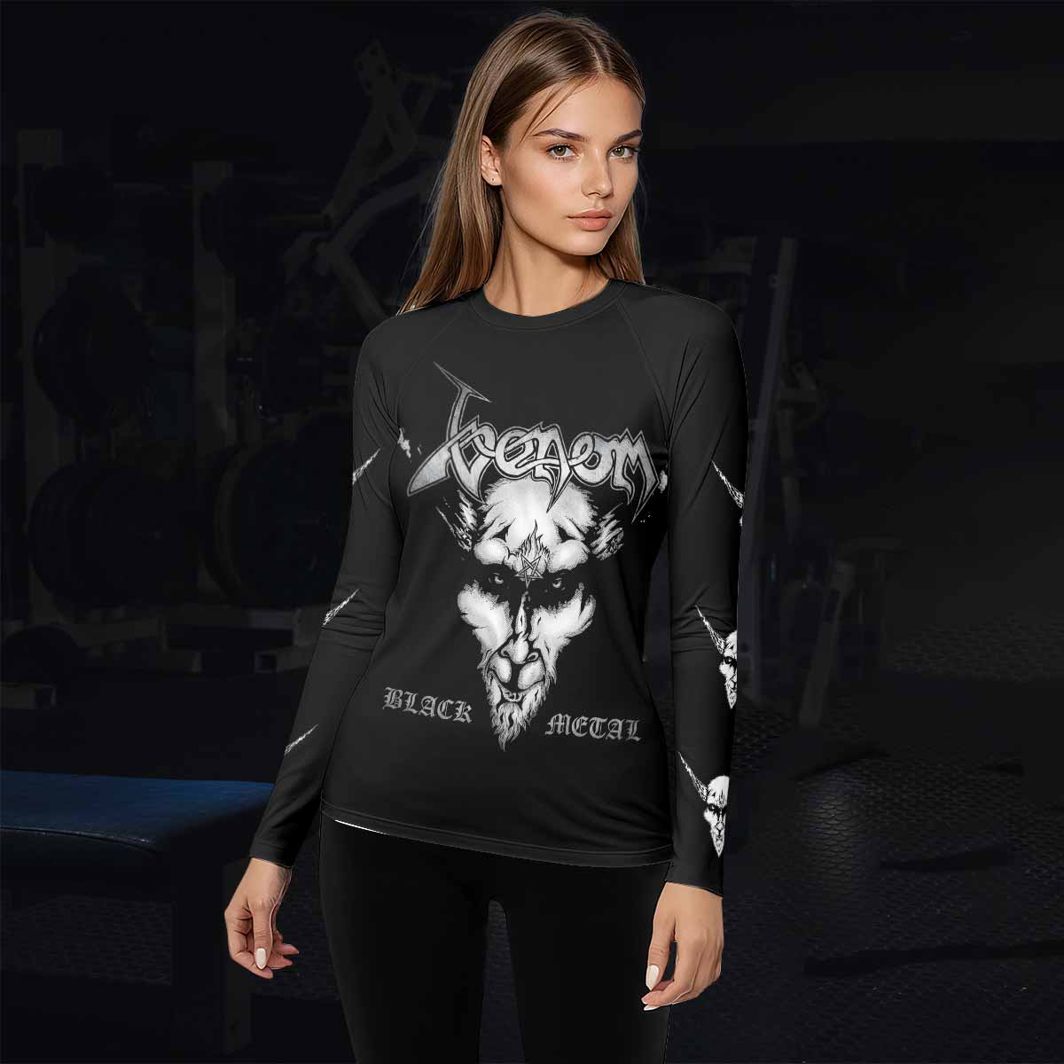 Venom Black Metal Goat Sigil Women's Rash Guard Long Sleeve - lifestyle view