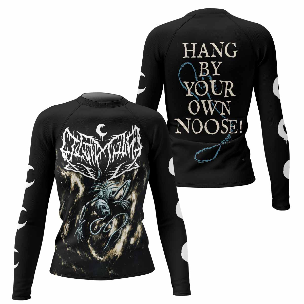 Leviathan A Silhouette in Splinters Women's Rash Guard Long Sleeve - front and back view