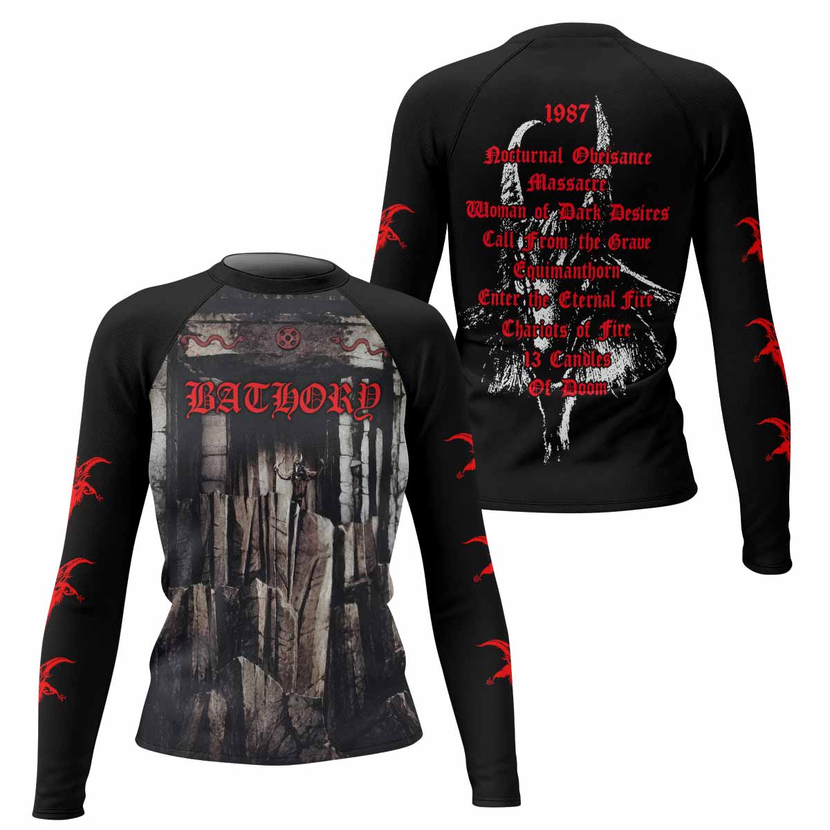 Bathory Under the Sign of the Black Mark Women's Rash Guard Long Sleeve - front and back view
