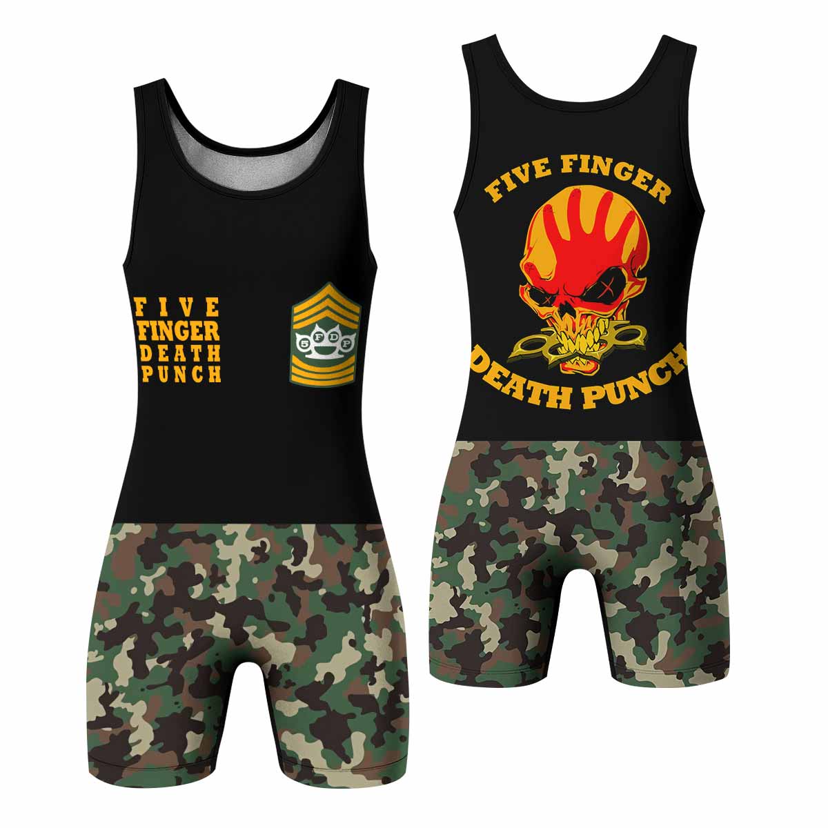 Five Finger Death Punch Camo Wrestling Singlet - front and back view