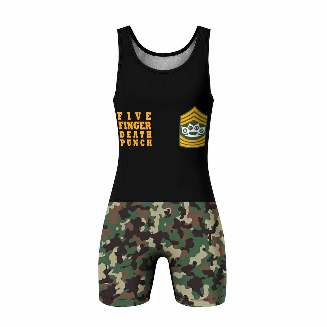 Five Finger Death Punch Camo Wrestling Singlet - front and back view
