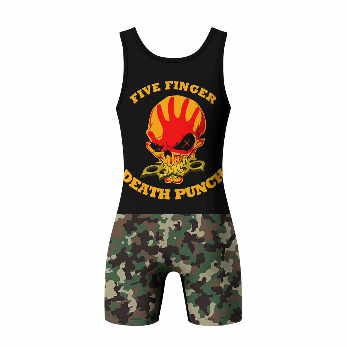 Five Finger Death Punch Camo Wrestling Singlet - back view mockup
