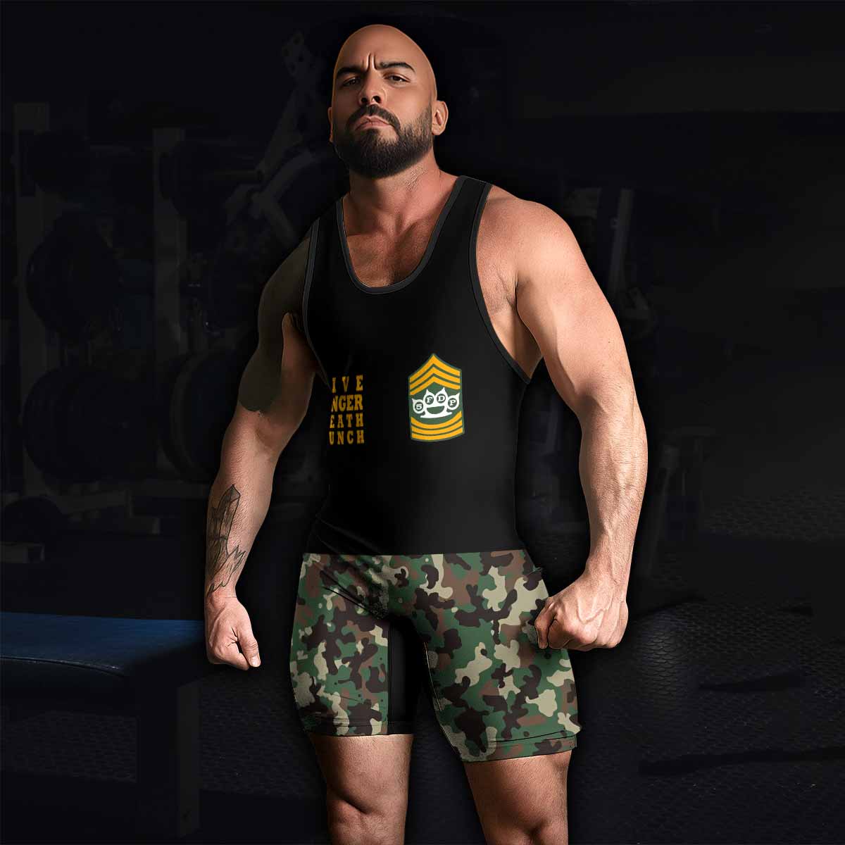 Five Finger Death Punch Camo Wrestling Singlet - men's lifestyle view