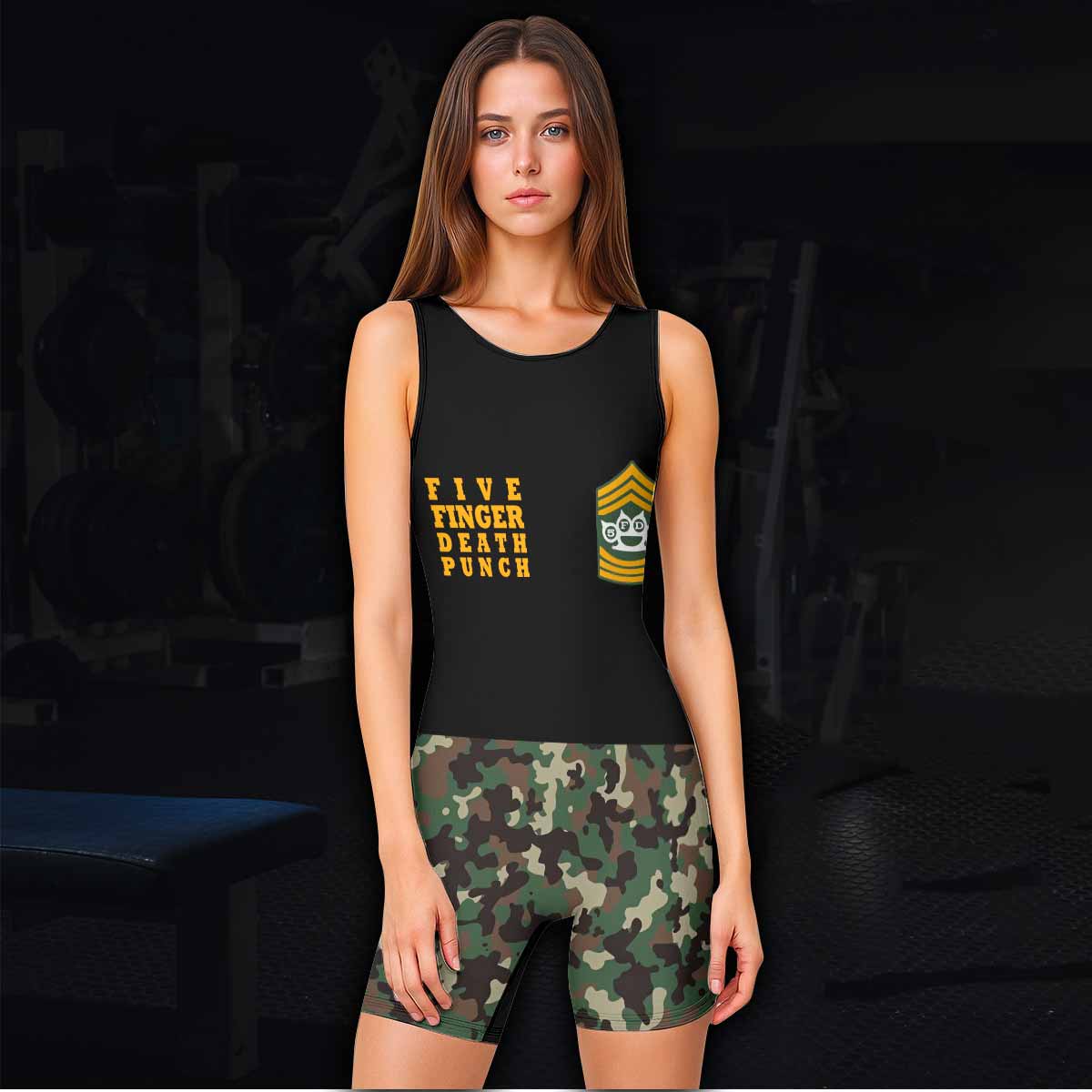 Five Finger Death Punch Camo Wrestling Singlet - women's lifestyle view
