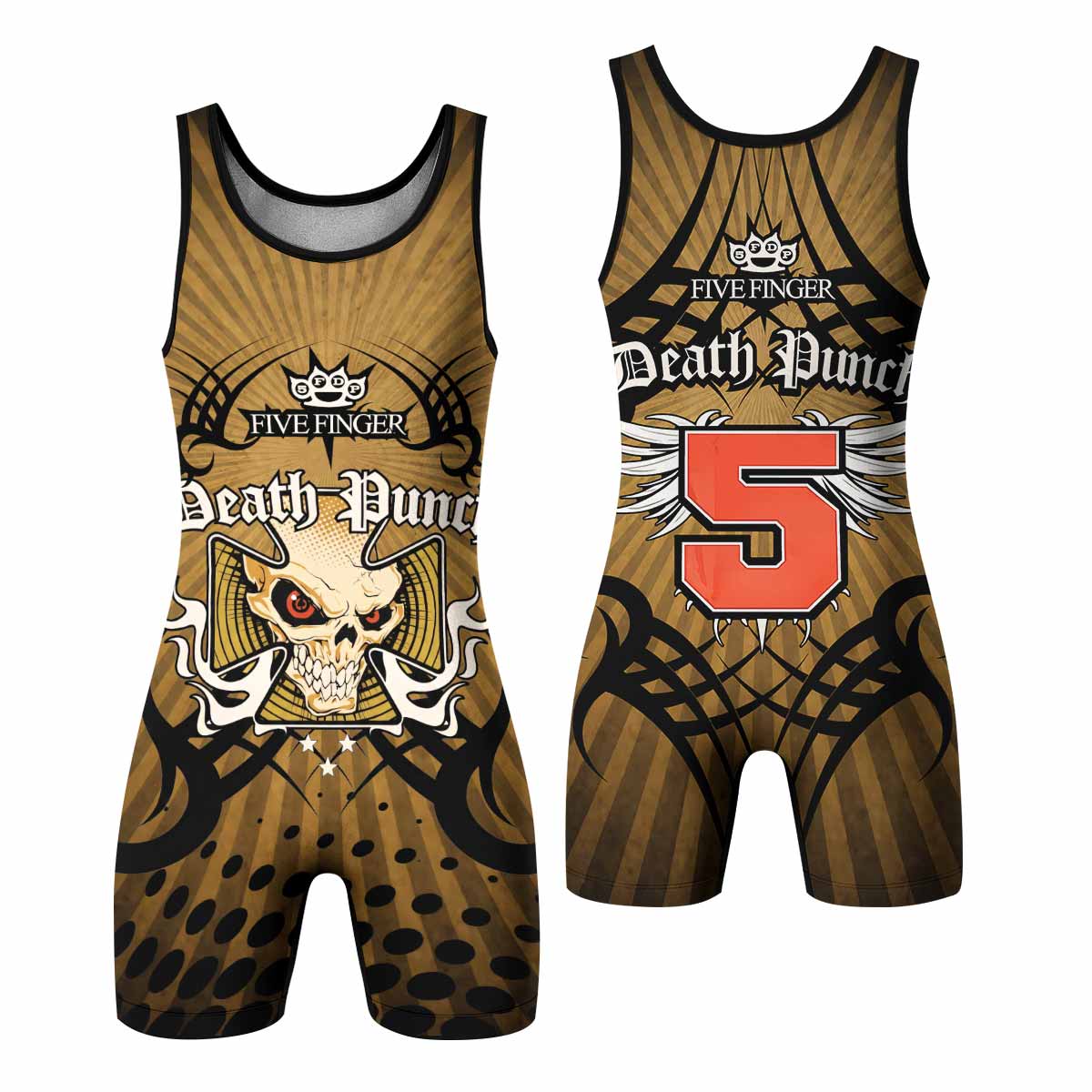 Five Finger Death Punch Gold V Wrestling Singlet - front and back view