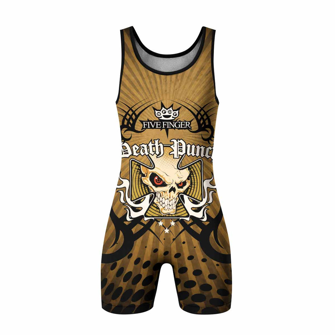 Five Finger Death Punch Gold V Wrestling Singlet - front and back view