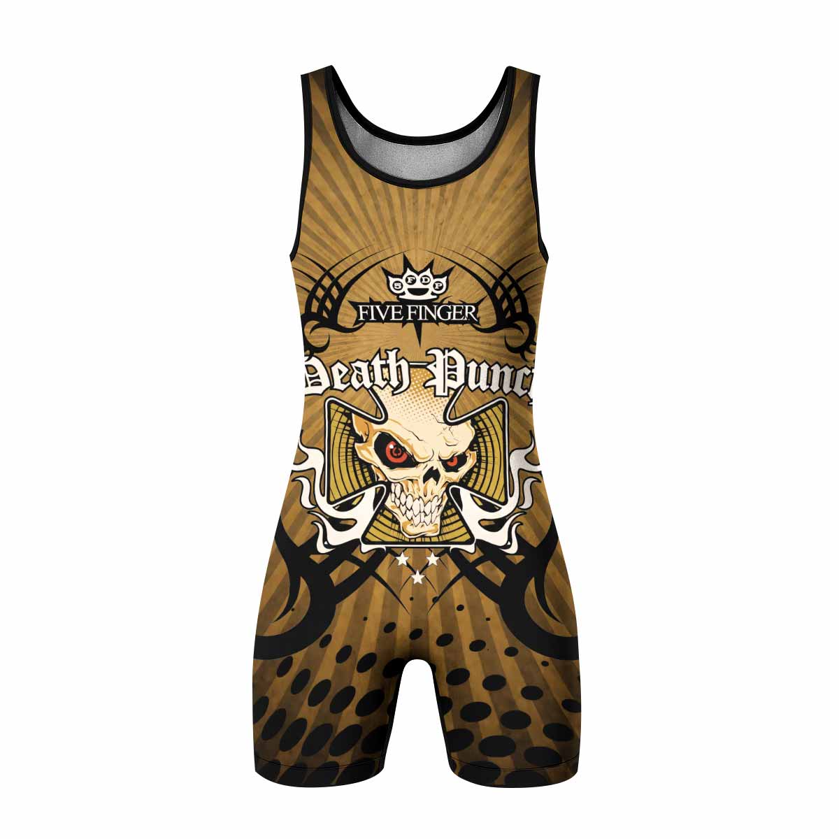 Five Finger Death Punch Gold V Wrestling Singlet - front view mockup
