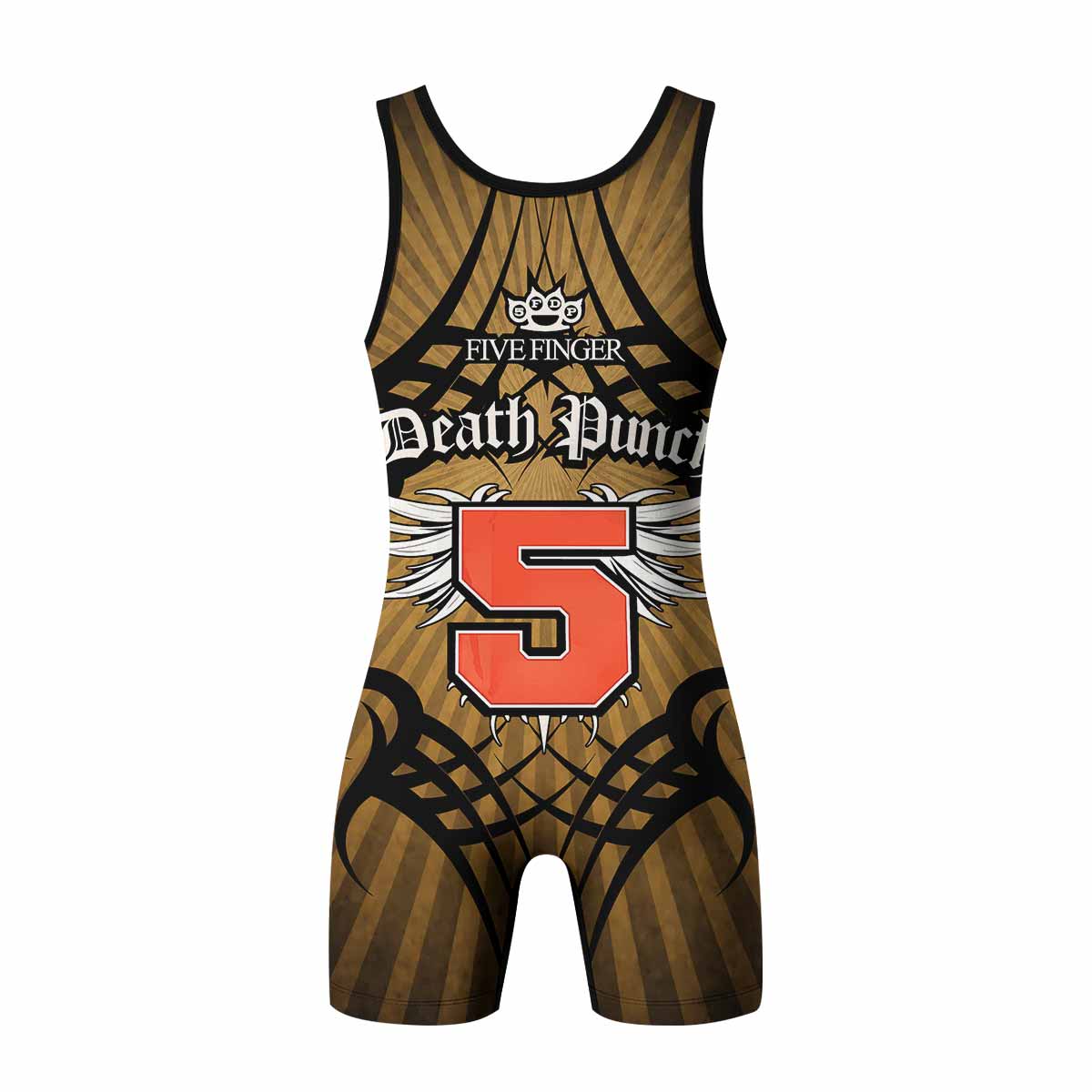 Five Finger Death Punch Gold V Wrestling Singlet - back view mockup