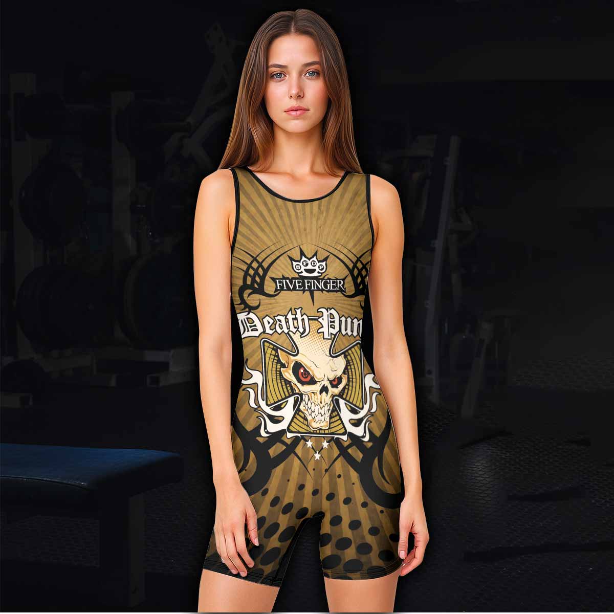 Five Finger Death Punch Gold V Wrestling Singlet - women's lifestyle view