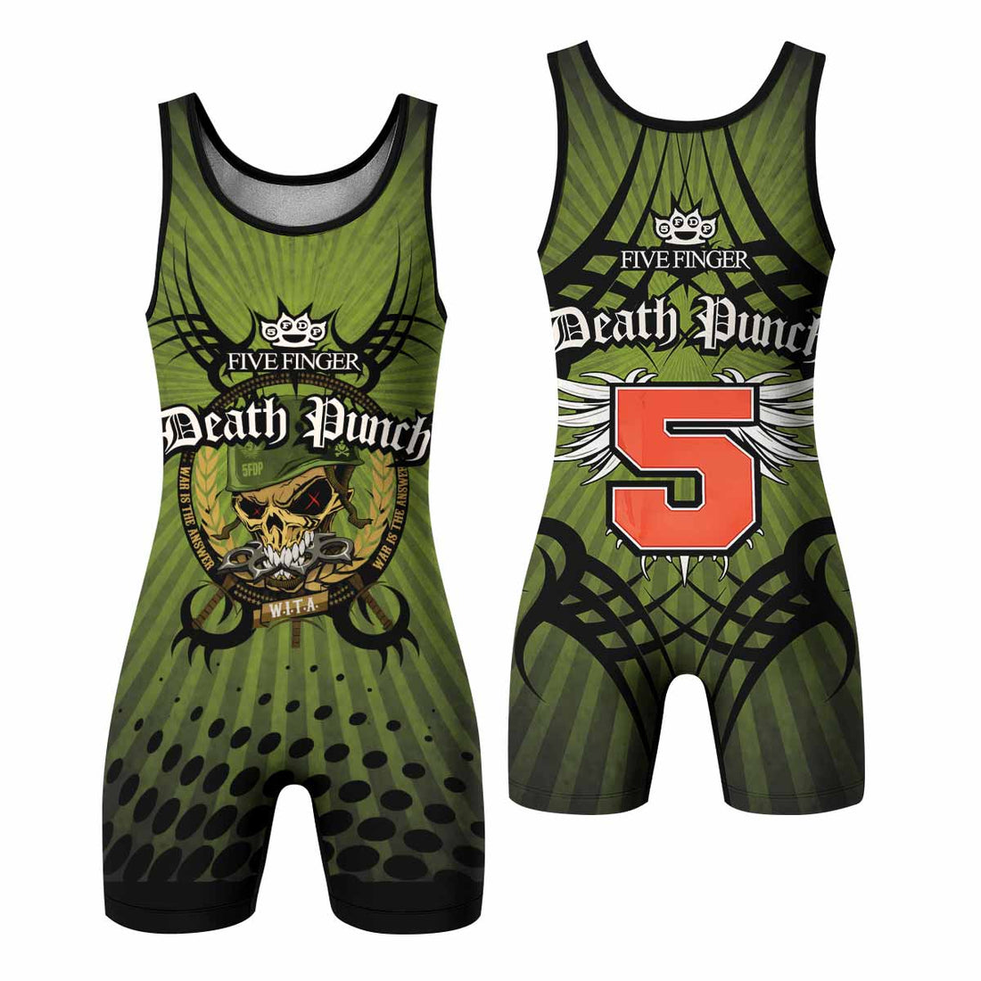 Five Finger Death Punch Green V Wrestling Singlet - front and back view