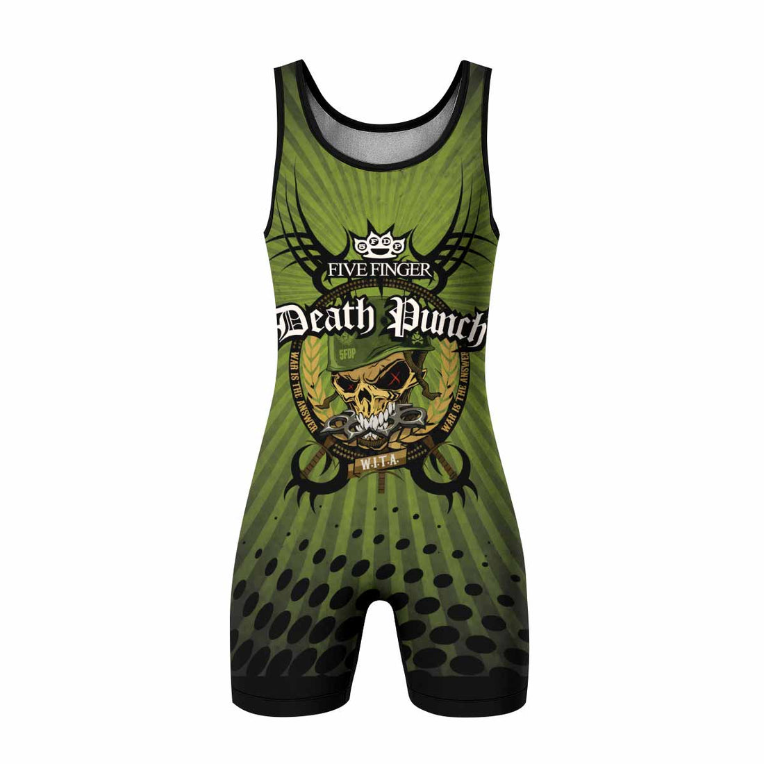 Five Finger Death Punch Green V Wrestling Singlet - front and back view